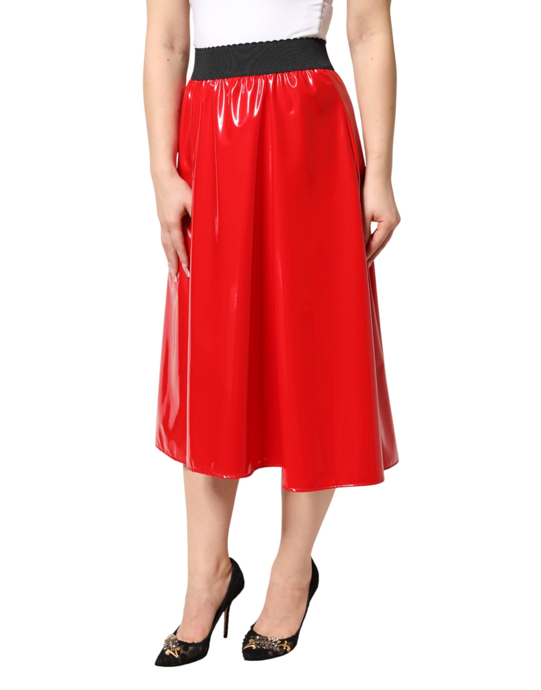 Dolce & Gabbana Glossy Red Polyester High Waist Midi Skirt | Regal Royce