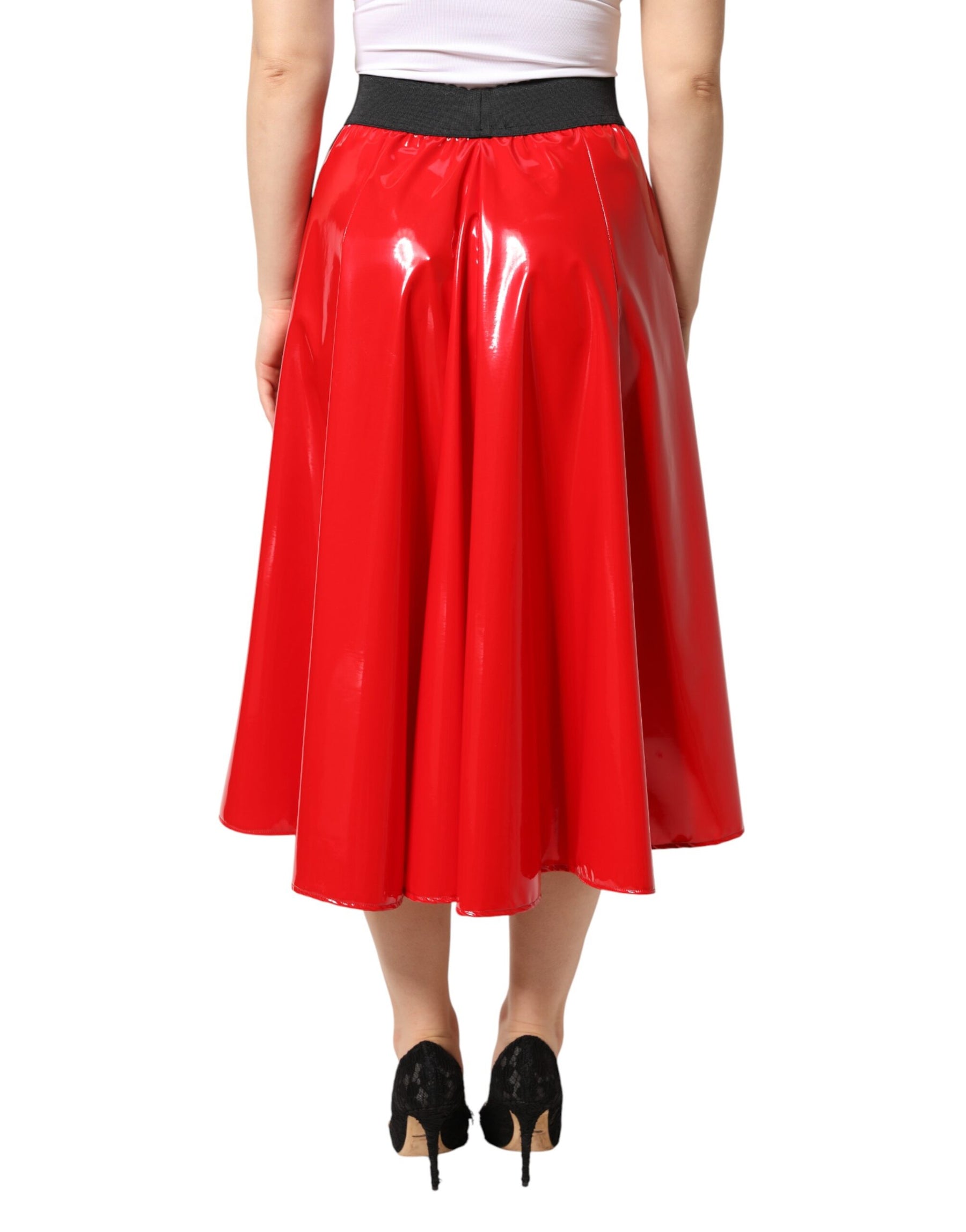 Dolce & Gabbana Glossy Red Polyester High Waist Midi Skirt | Regal Royce