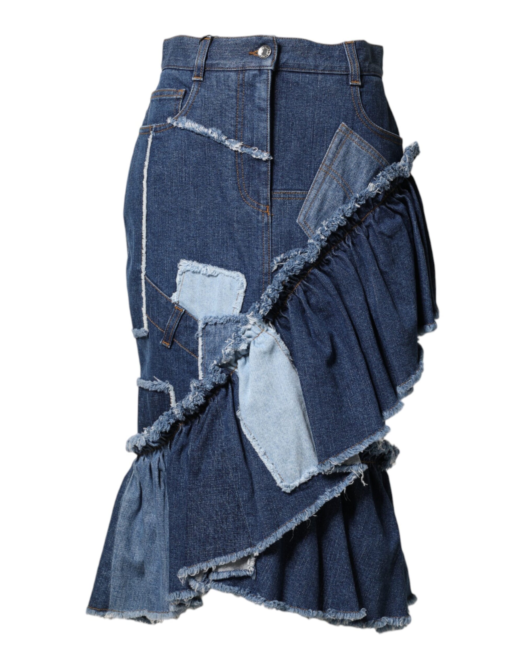Dolce & Gabbana Blue Patchwork Layered Denim Midi Skirt | Regal Royce