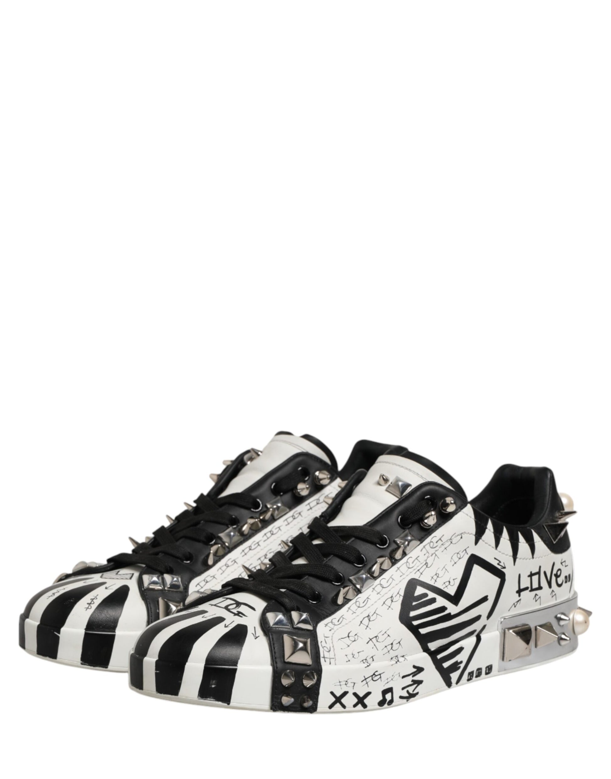 Dolce & Gabbana Black White Studded Low Top Sneakers Shoes | Regal Royce