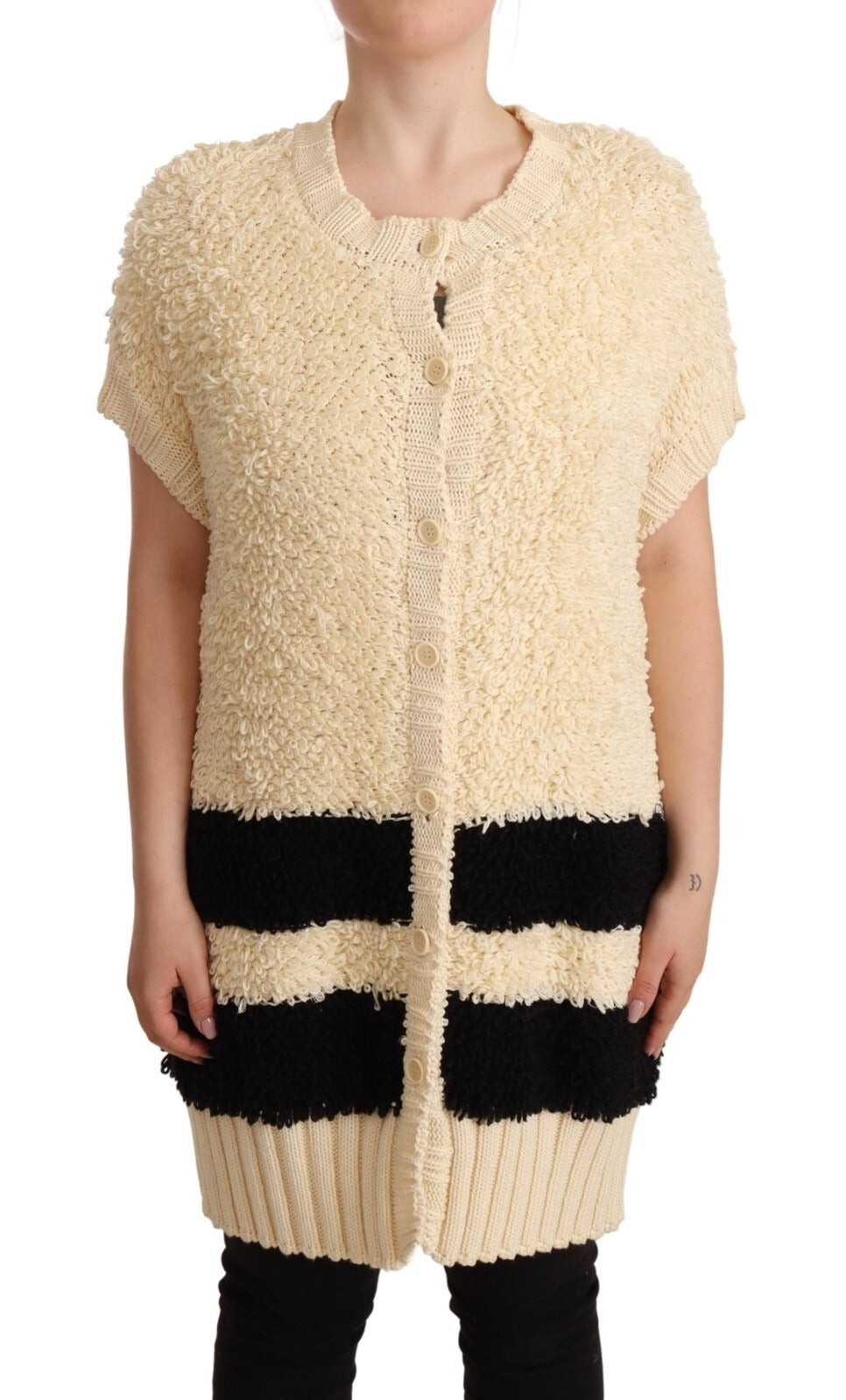 Philosophy Beige Black Short Sleeve Button Cardigan Sweater | Regal Royce
