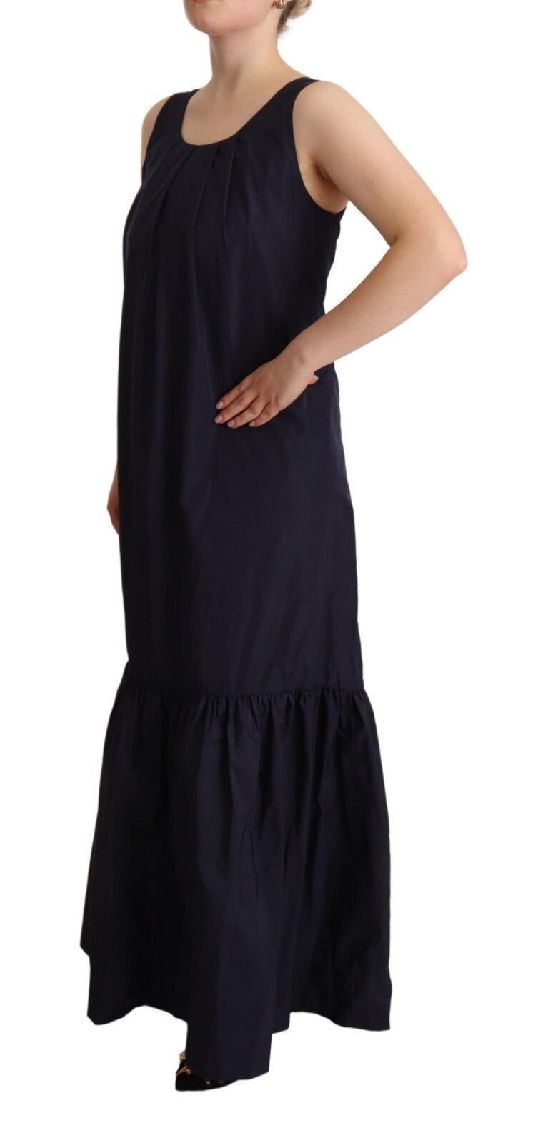 P.A.R.O.S.H. Navy Blue Sleeveless Round Neck Mermaid Long Dress | Regal Royce