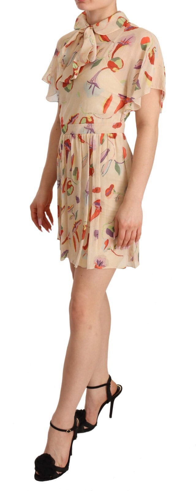 Red Valentino Beige Ascot Collar Short Sleeves Aline Mini Dress | Regal Royce