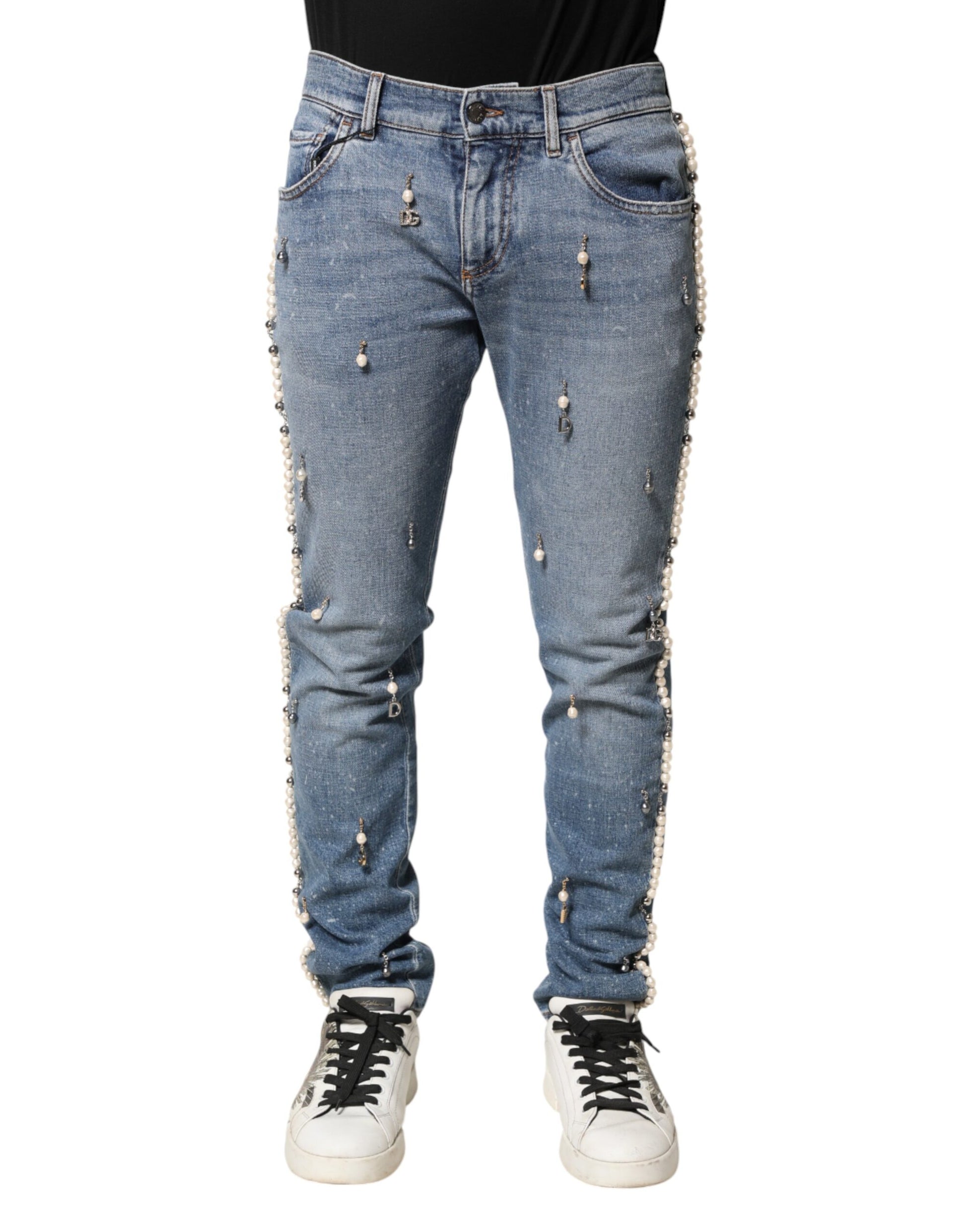 Dolce & Gabbana Blue Embellished Cotton Skinny Denim Jeans | Regal Royce