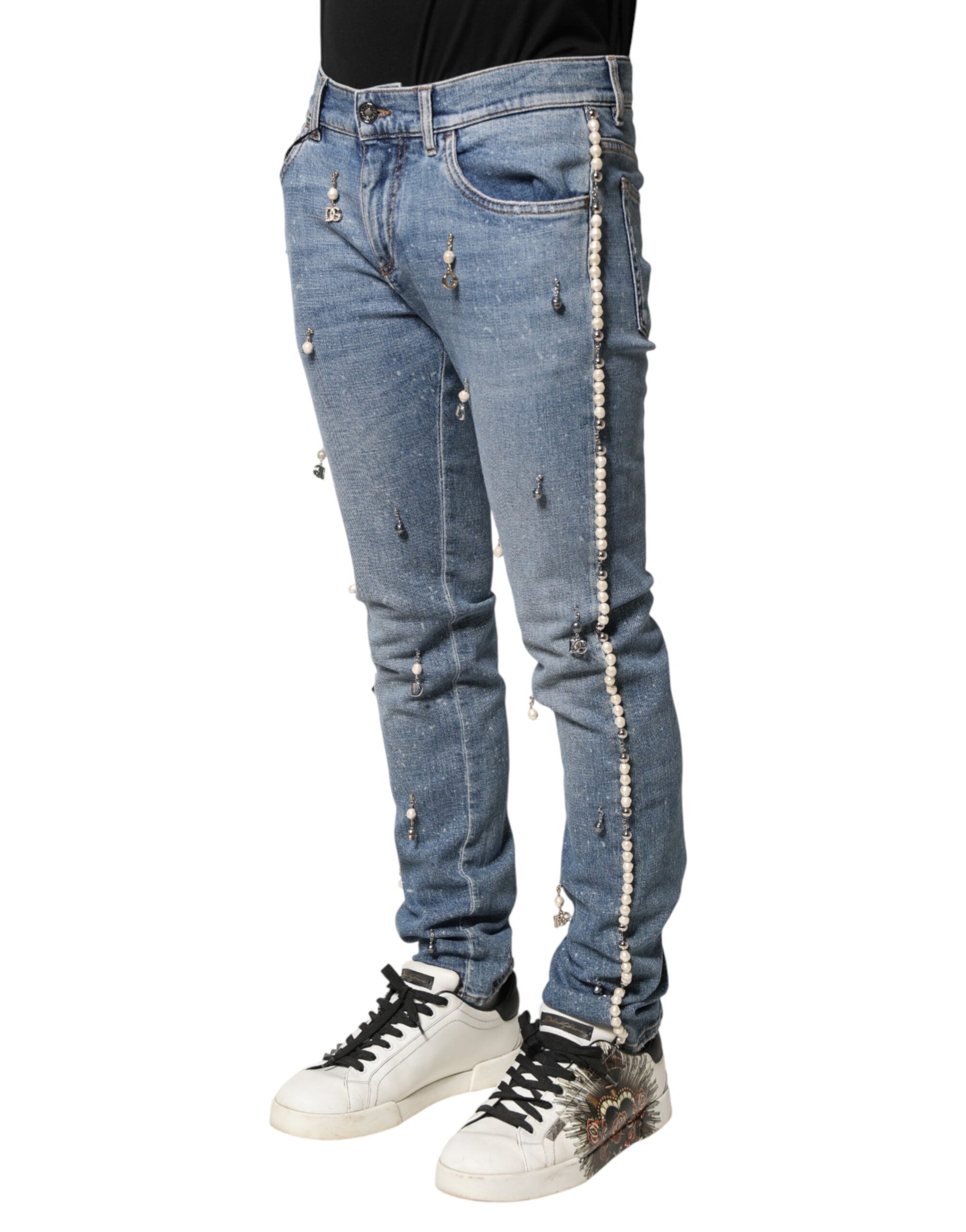 Dolce & Gabbana Blue Embellished Cotton Skinny Denim Jeans | Regal Royce
