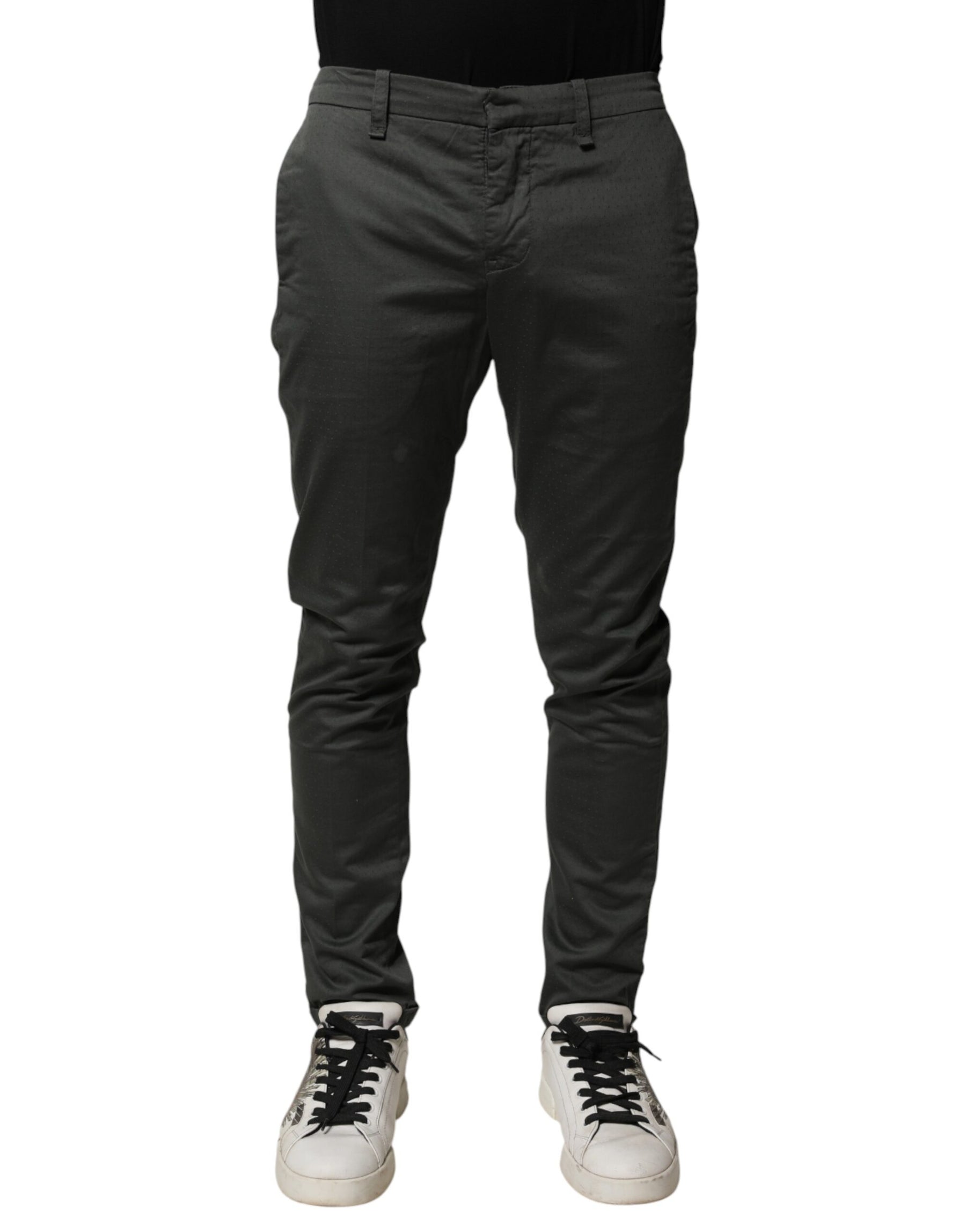 Dondup Dark Gray Cotton Mid Waist Skinny Men Chino Trouser Pants | Regal Royce