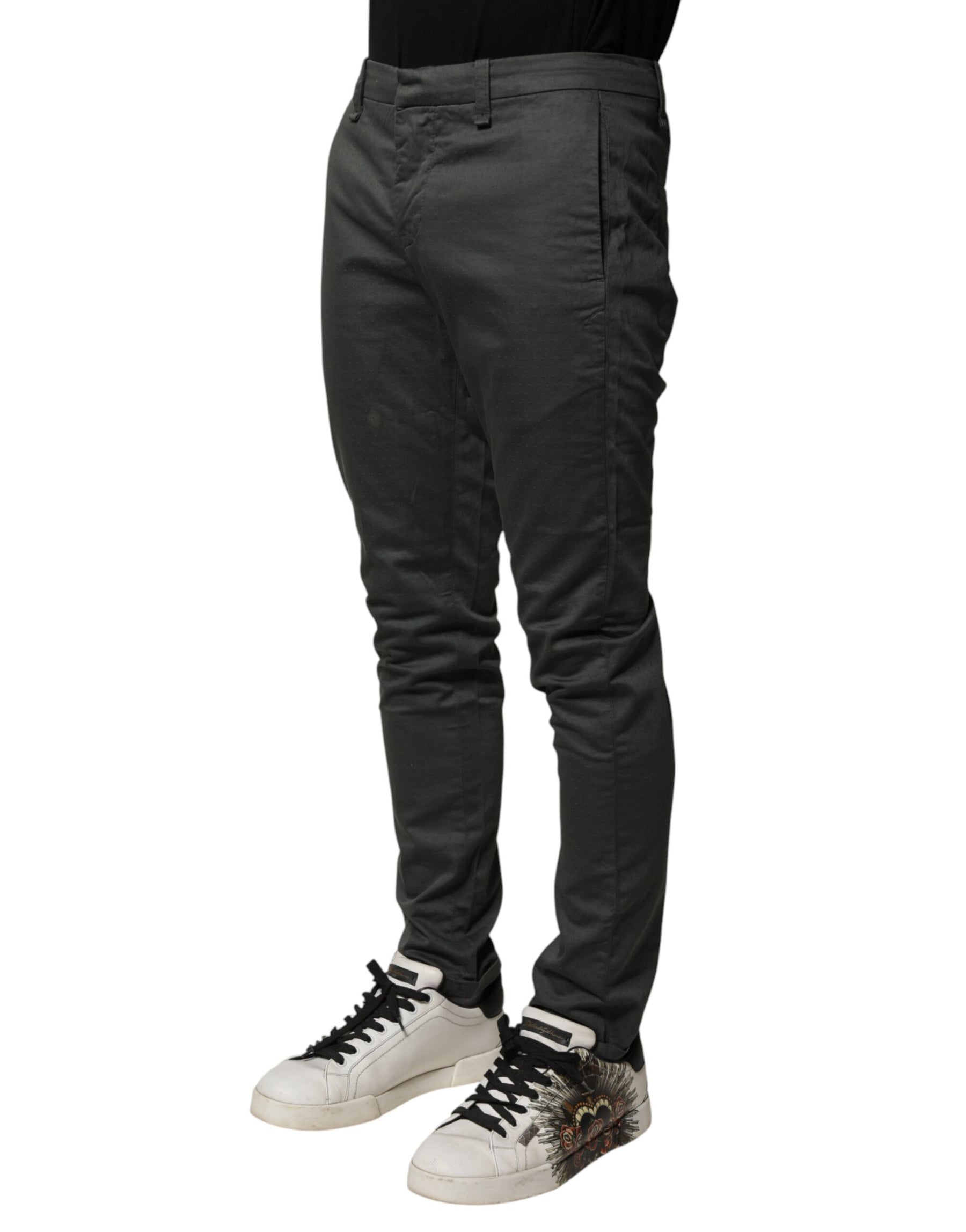 Dondup Dark Gray Cotton Mid Waist Skinny Men Chino Trouser Pants | Regal Royce