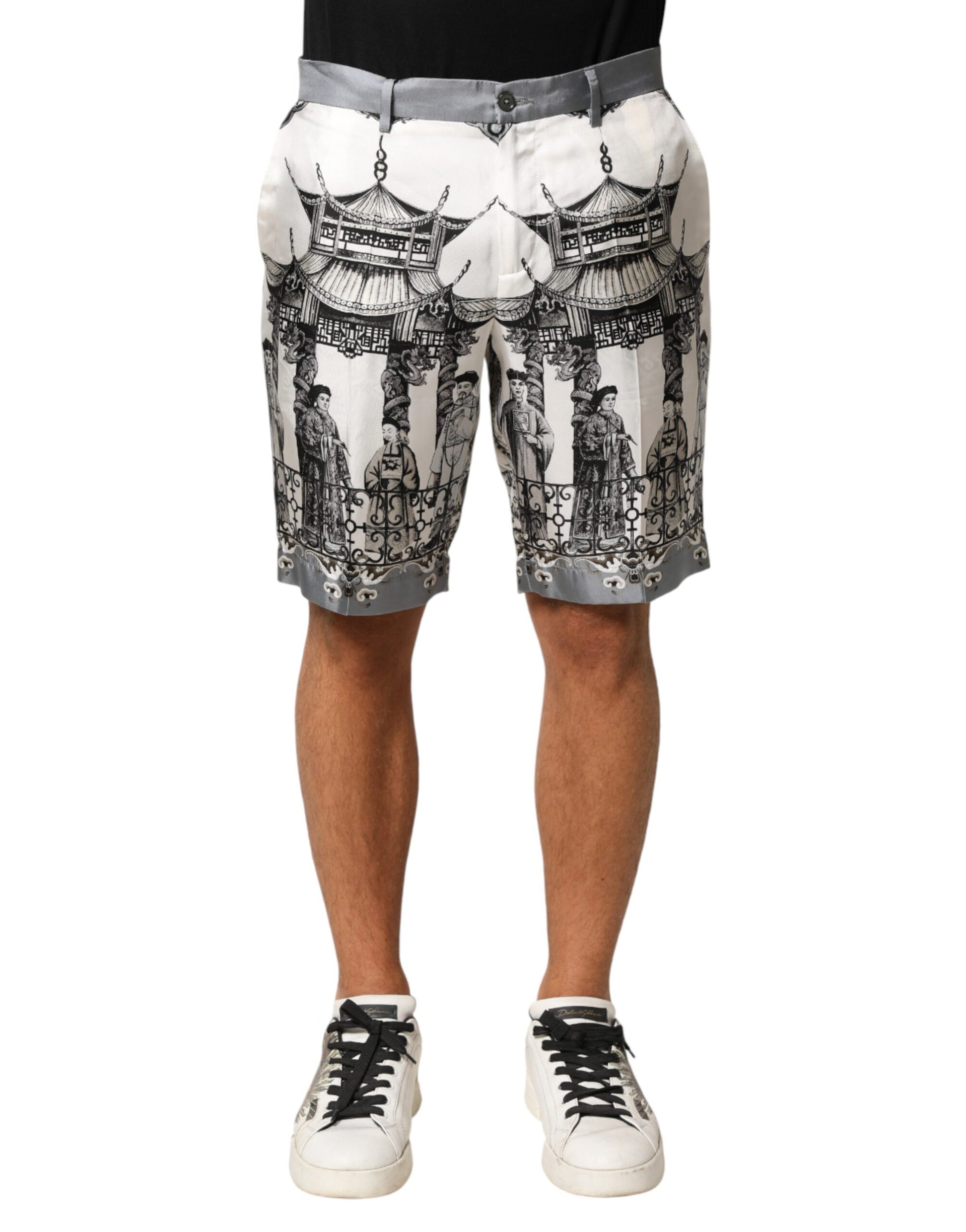Dolce & Gabbana White Japanese Asian Print Silk Bermuda Shorts | Regal Royce