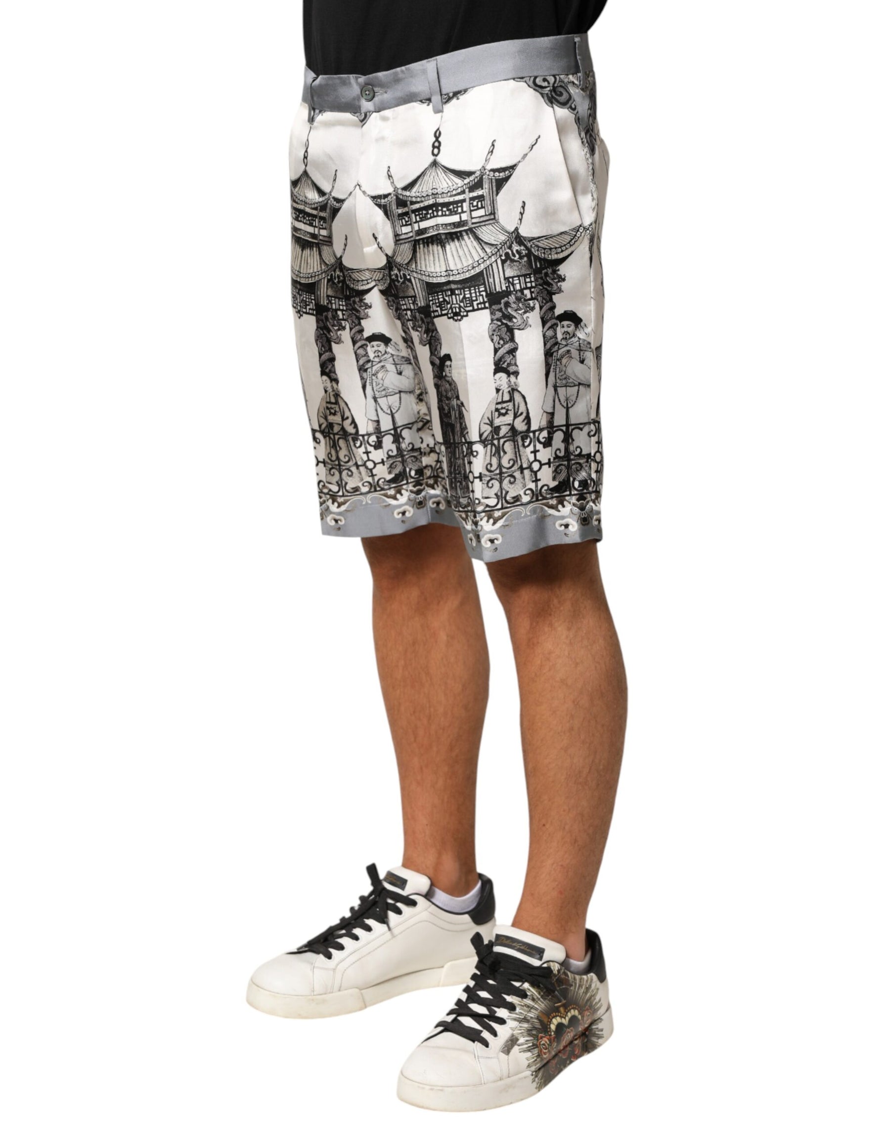 Dolce & Gabbana White Japanese Asian Print Silk Bermuda Shorts | Regal Royce
