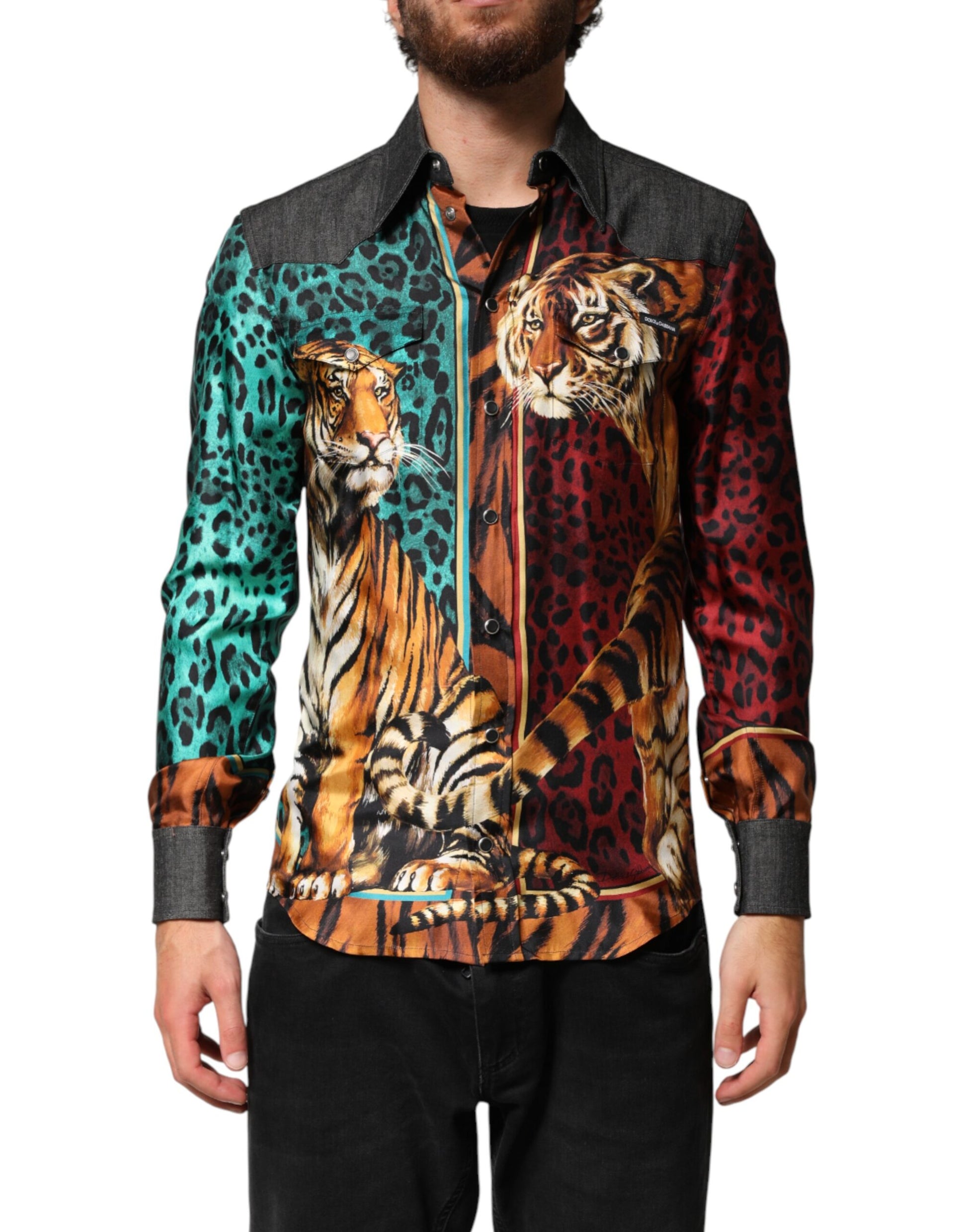 Dolce & Gabbana Multicolor Tiger Leopard Print Silk Men Shirt | Regal Royce
