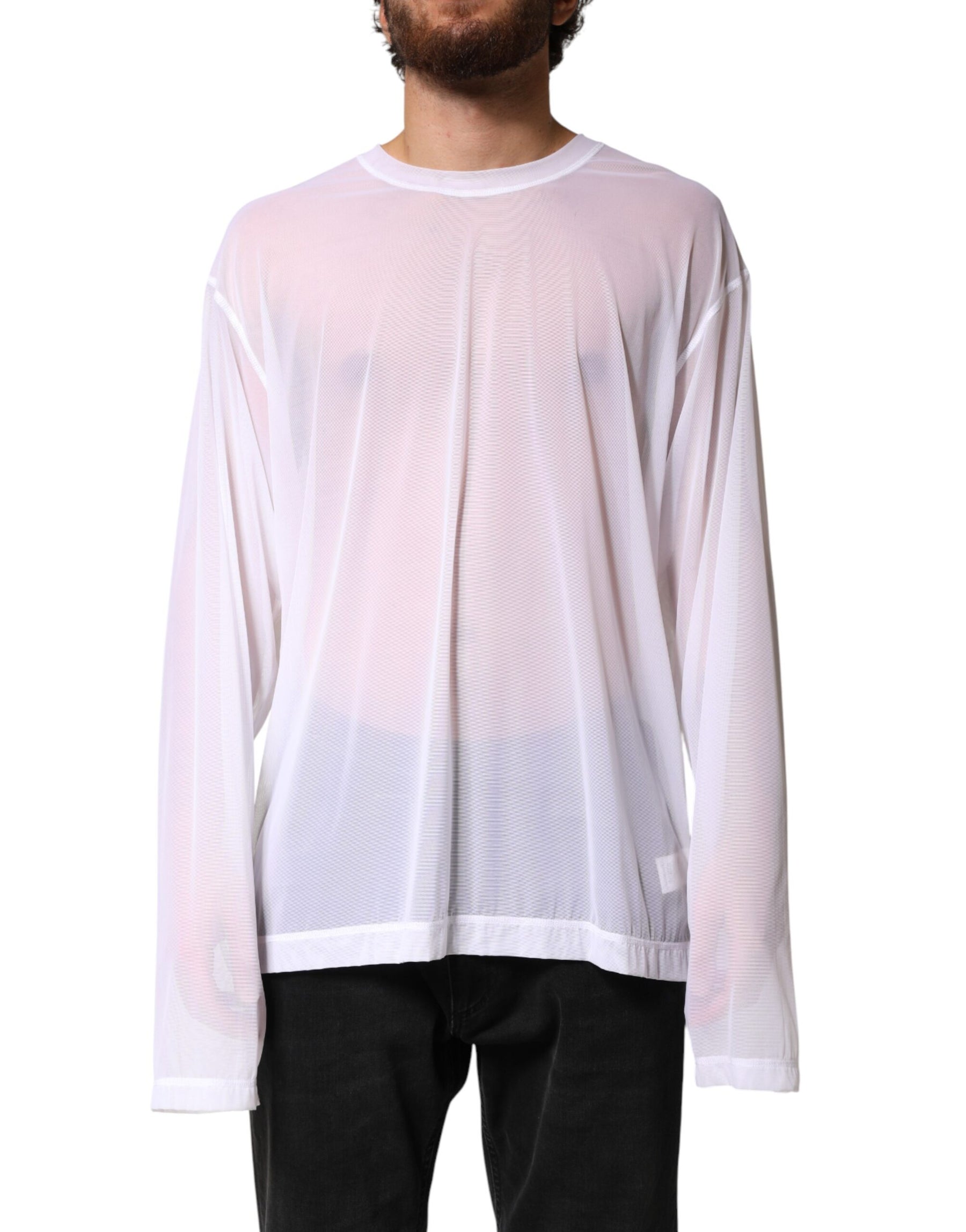 Dolce & Gabbana White Nylon Long Sleeves Crewneck T-Shirt | Regal Royce