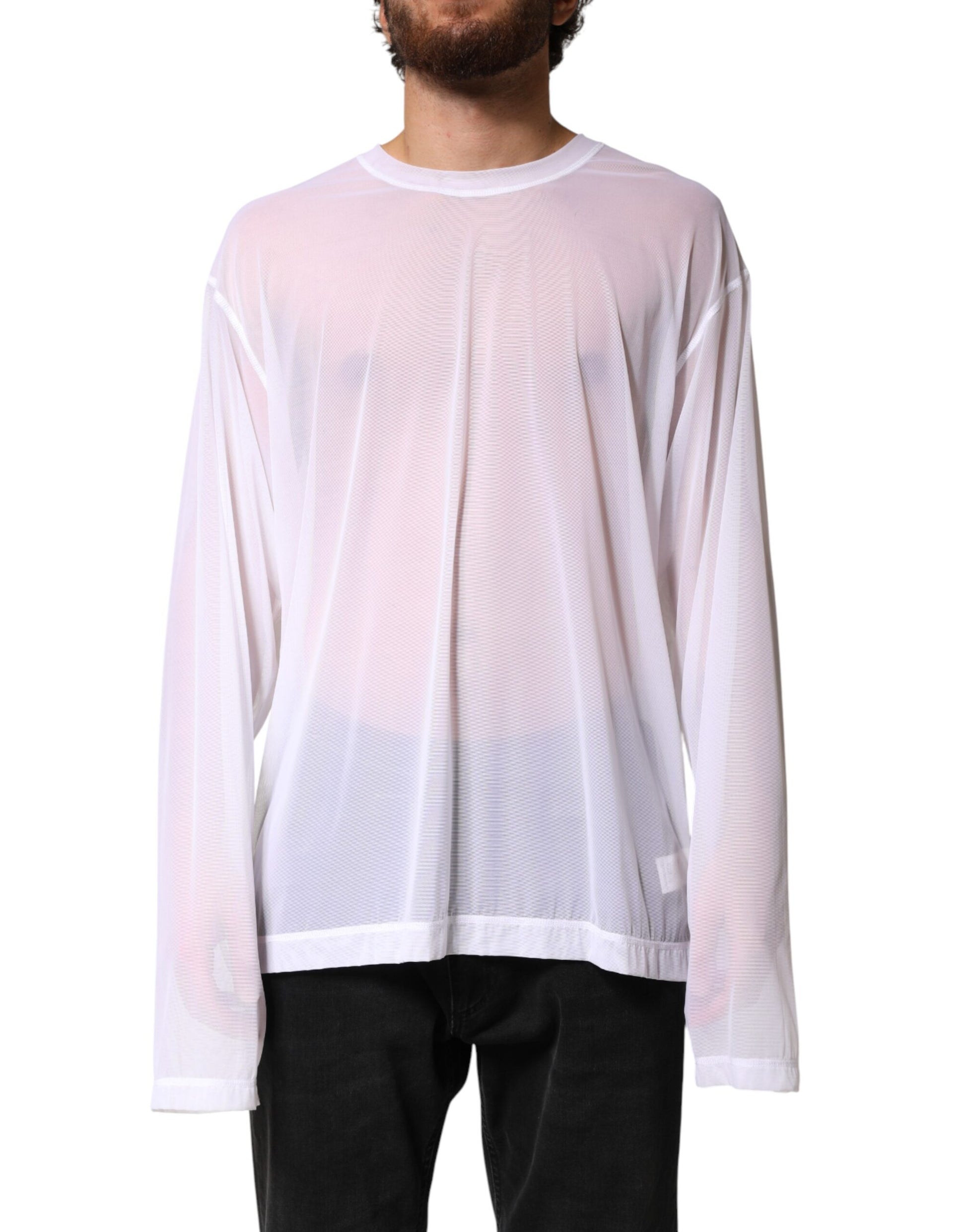 Dolce & Gabbana White Nylon Long Sleeves Crewneck T-Shirt | Regal Royce