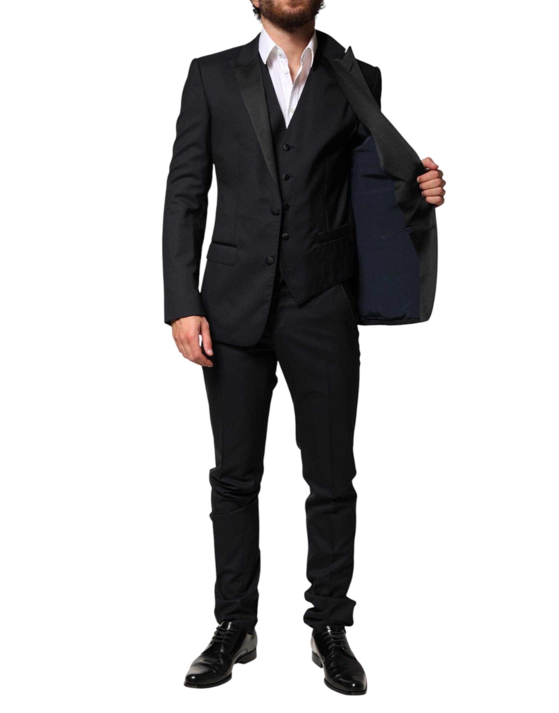 Dolce & Gabbana Black Wool Single Breasted 3 Piece Men Suit | Regal Royce