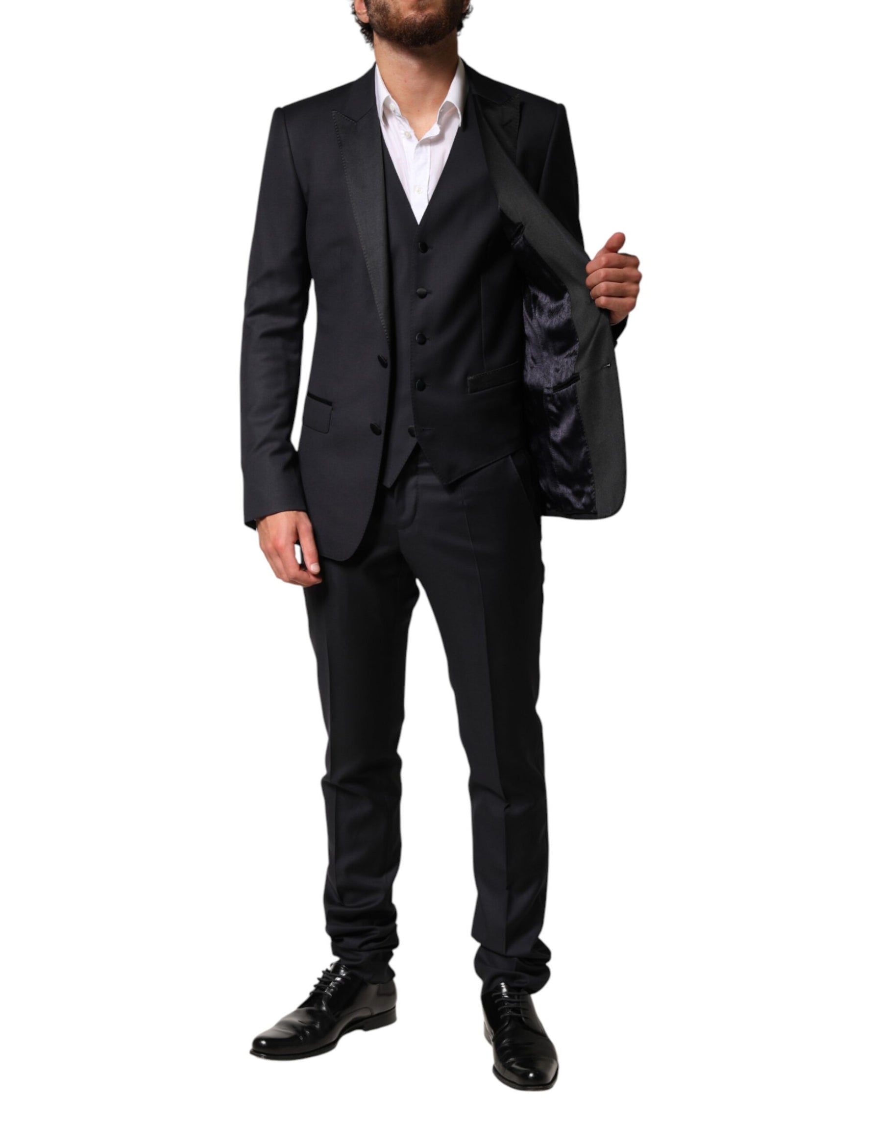 Dolce & Gabbana Black Wool Single Breasted 3 Piece Men Suit | Regal Royce