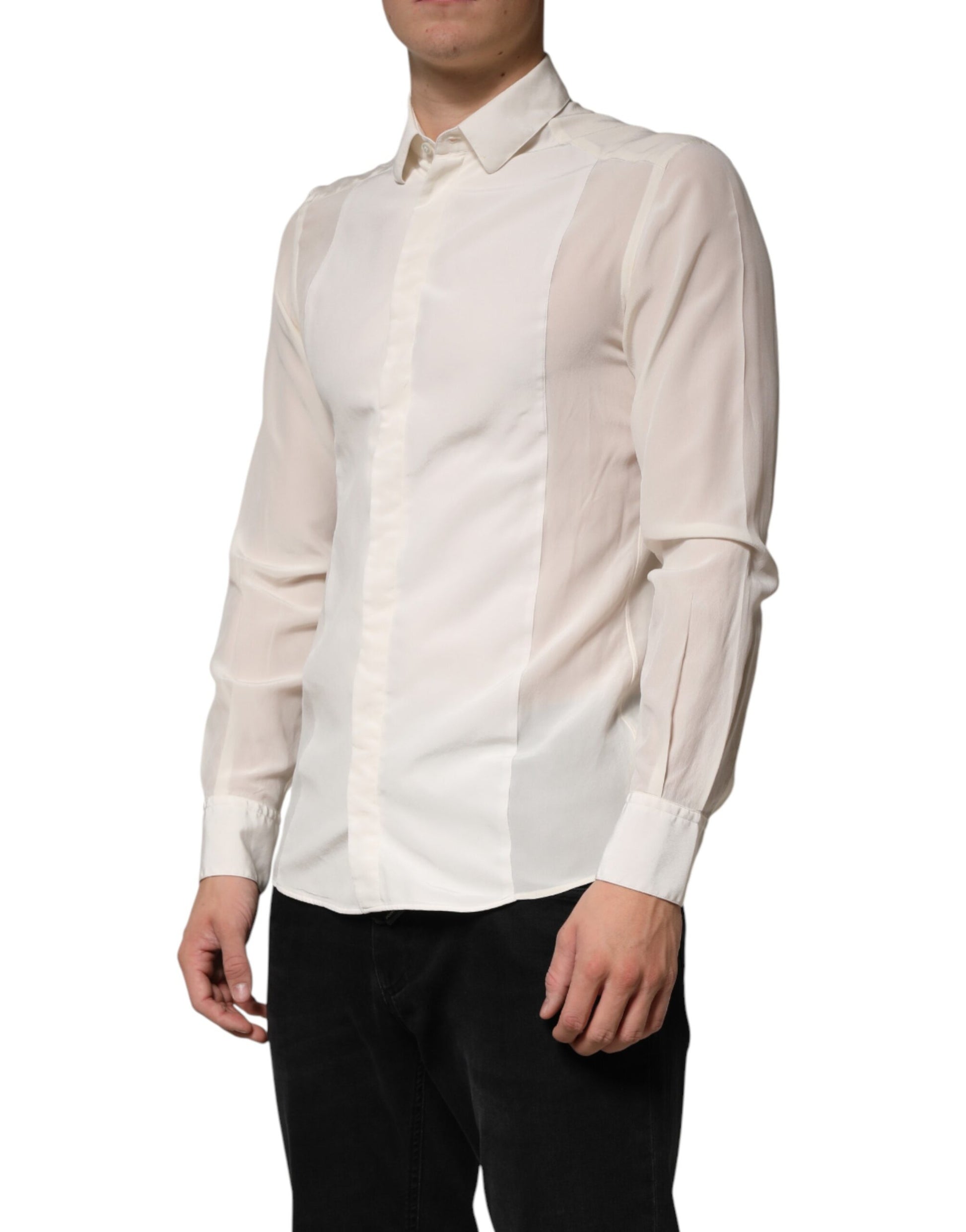 Dolce & Gabbana Off White Silk Men GOLD Dress Formal Shirt | Regal Royce