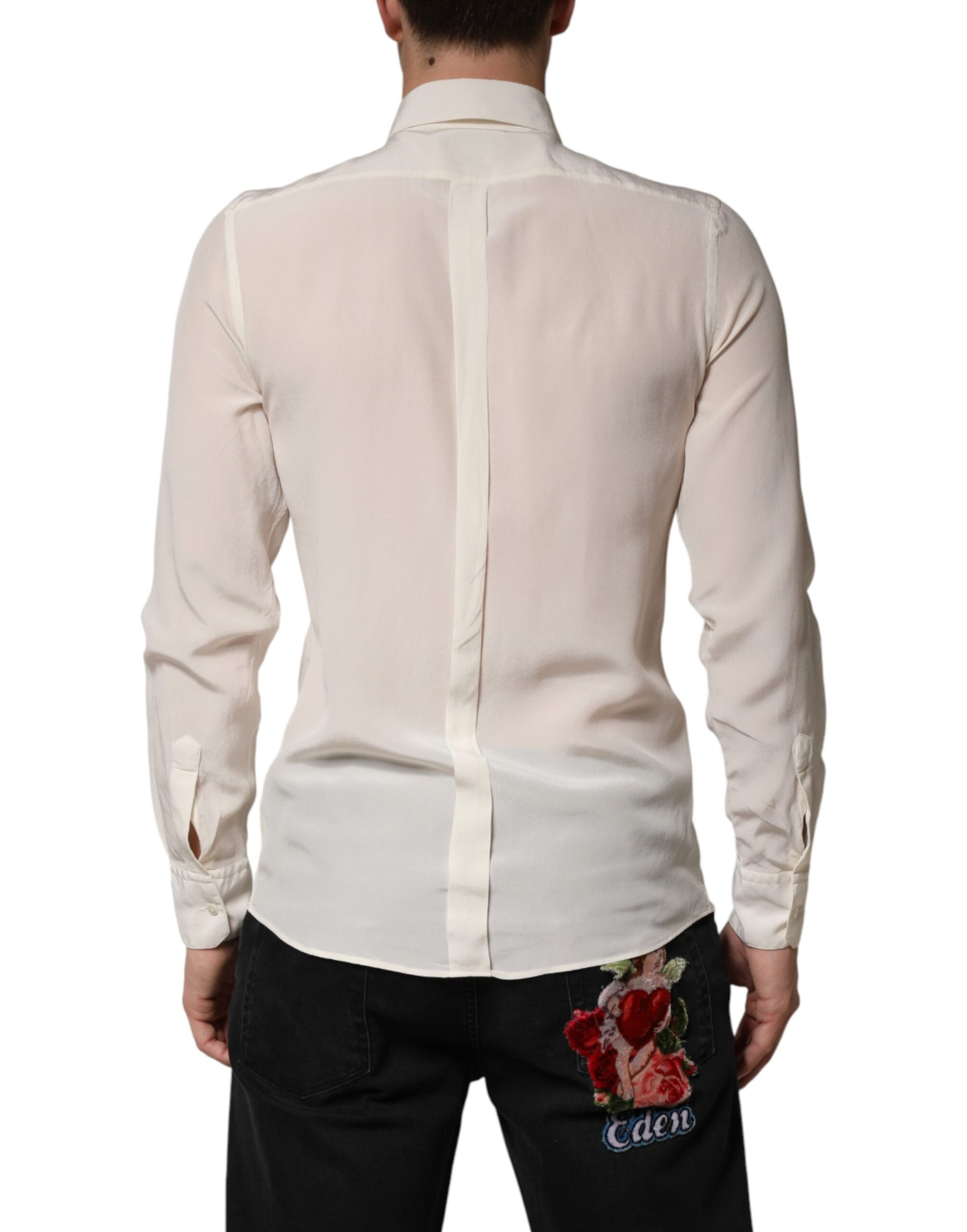 Dolce & Gabbana Off White Silk Men GOLD Dress Formal Shirt | Regal Royce