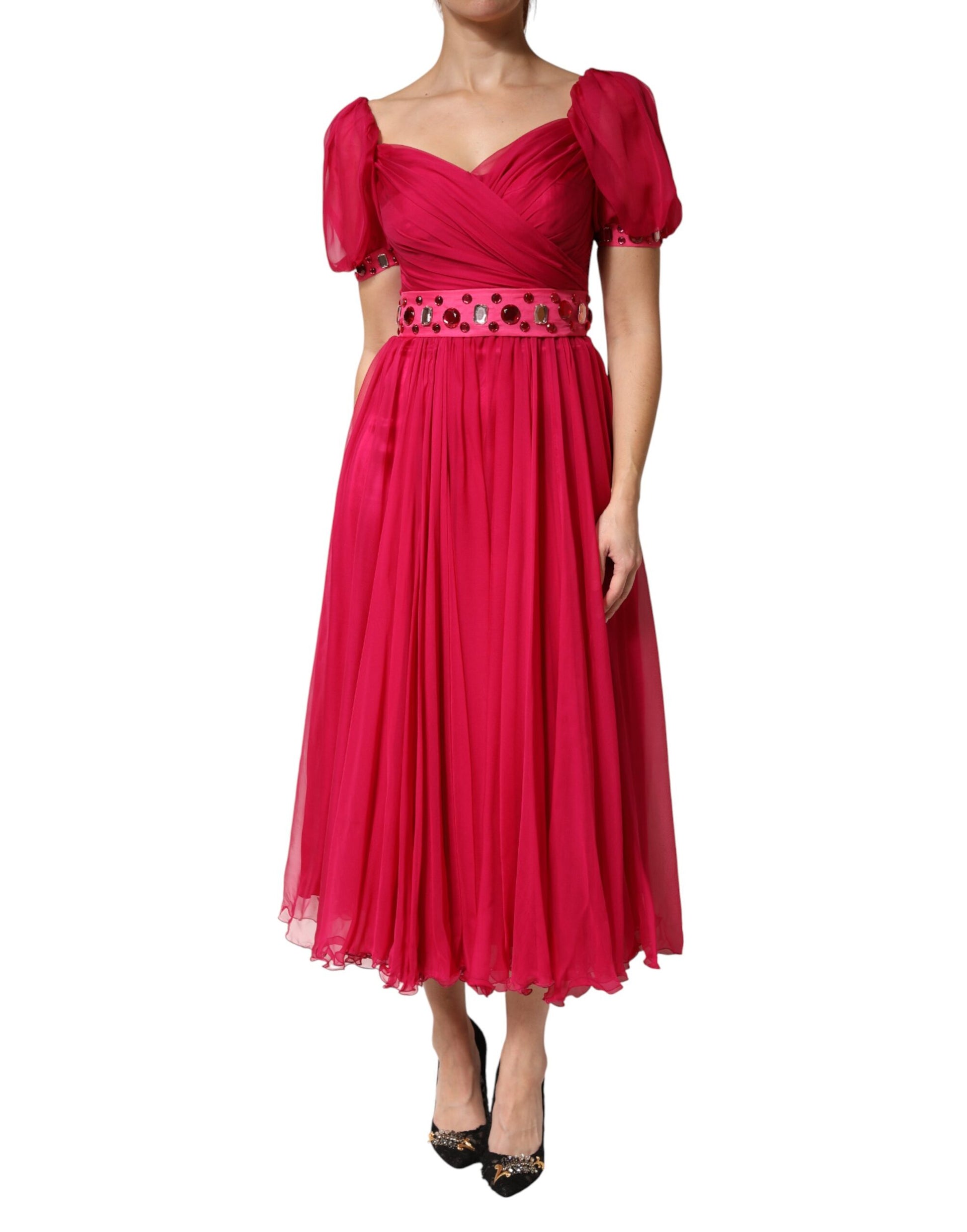 Dolce & Gabbana Pink Silk Embellished A-line Midi Dress | Regal Royce