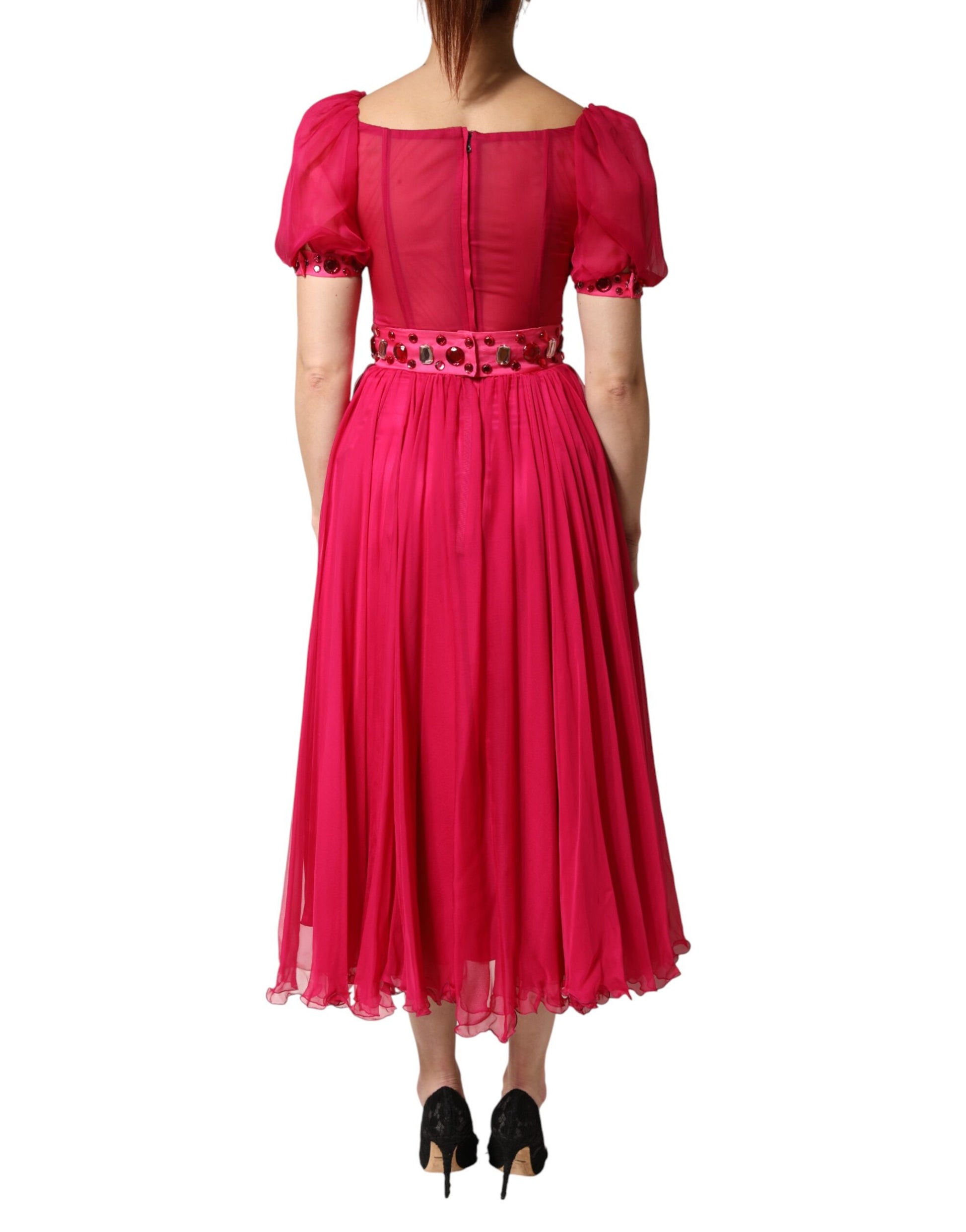 Dolce & Gabbana Pink Silk Embellished A-line Midi Dress | Regal Royce