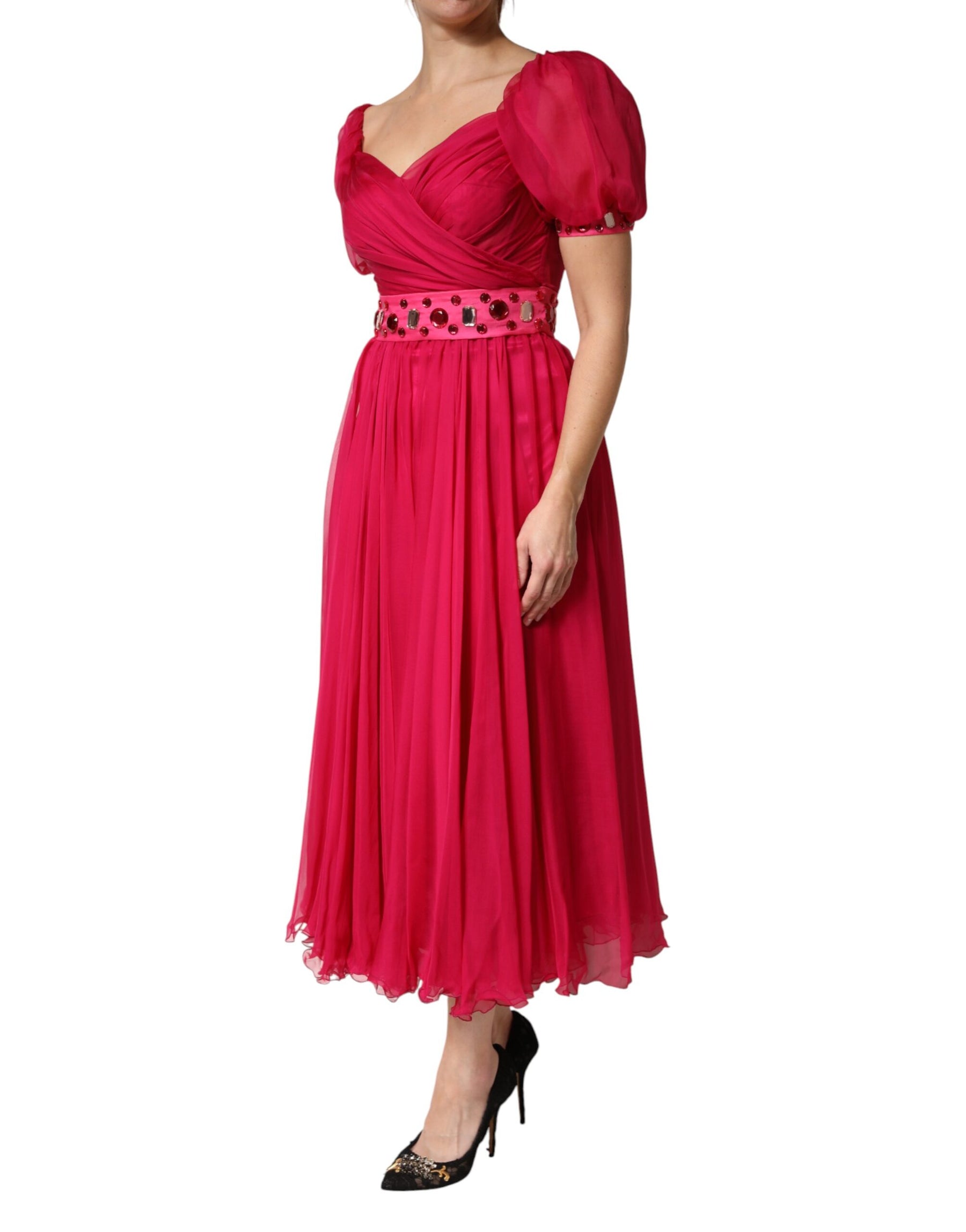 Dolce & Gabbana Pink Silk Embellished A-line Midi Dress | Regal Royce