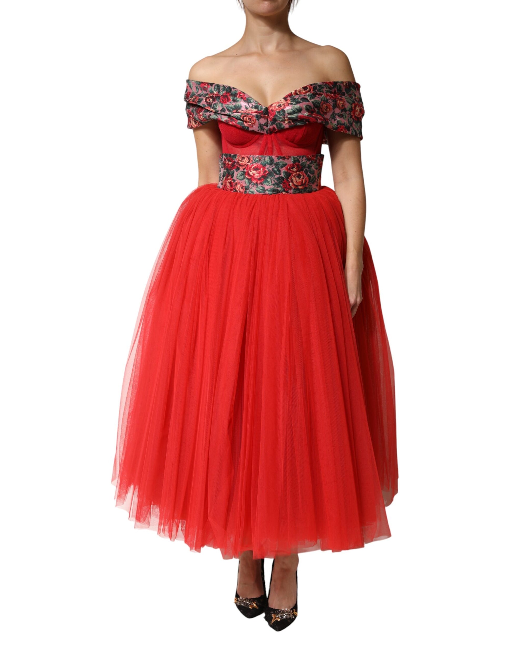 Dolce & Gabbana Red Floral Off Shoulder A-line Gown Dress | Regal Royce