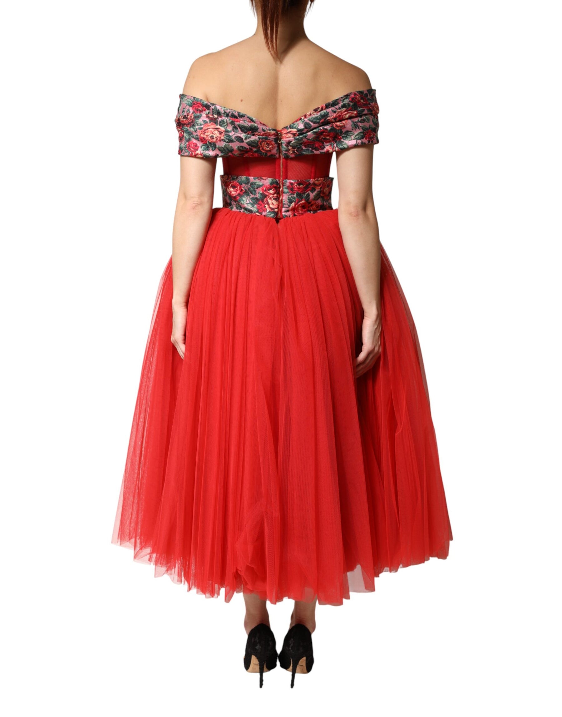 Dolce & Gabbana Red Floral Off Shoulder A-line Gown Dress | Regal Royce