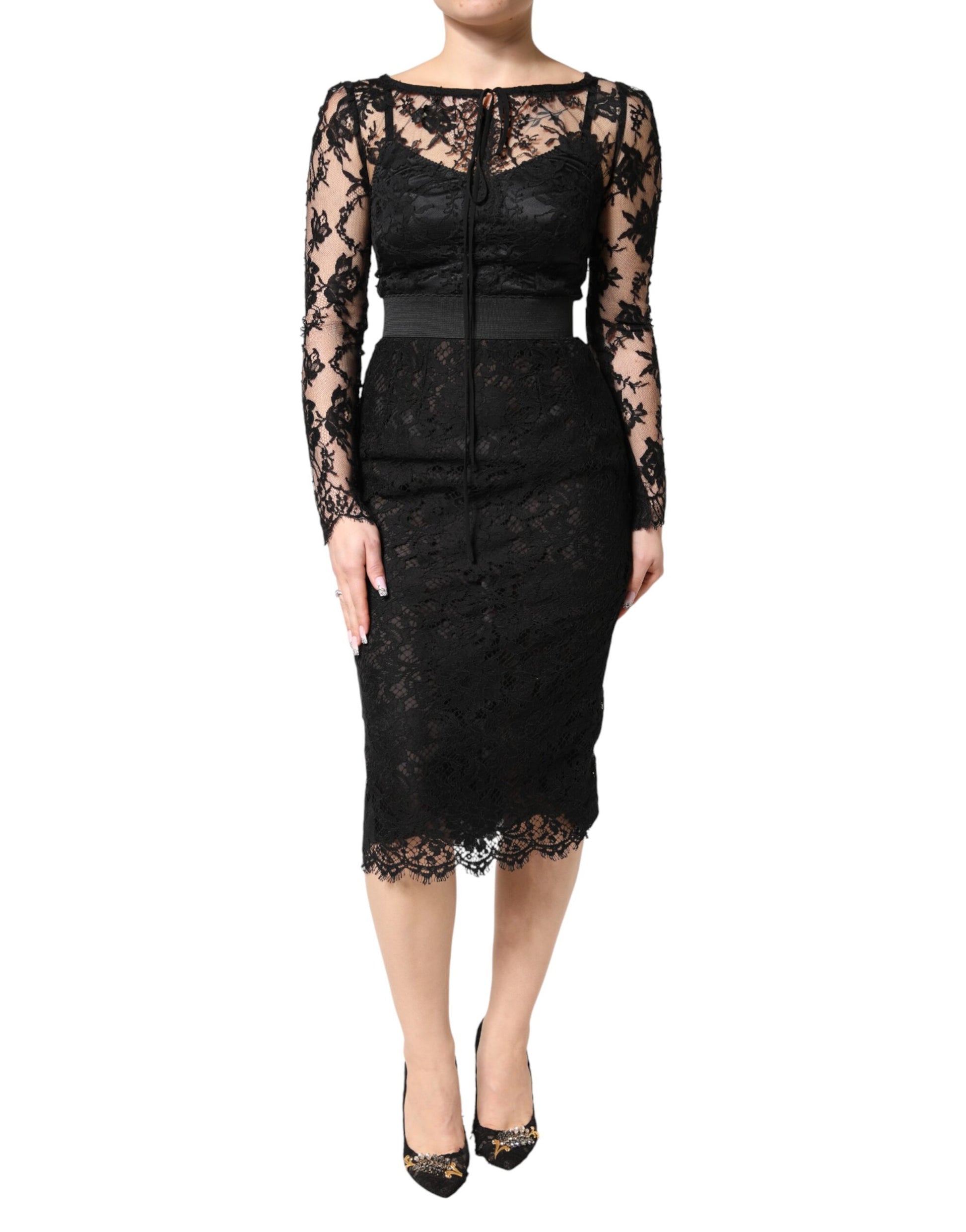 Dolce & Gabbana Black Lace Trim Cotton Sheath Midi Dress | Regal Royce