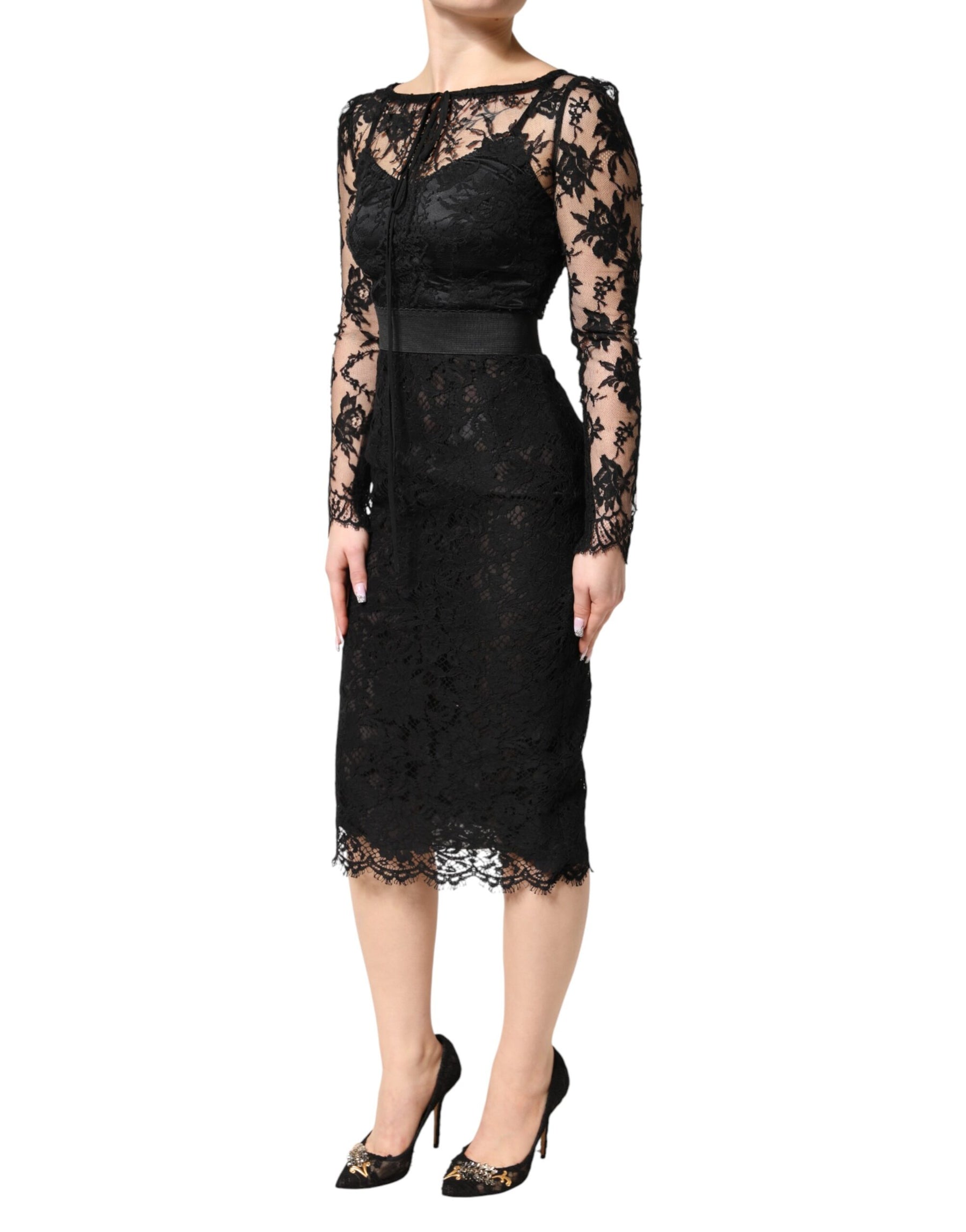 Dolce & Gabbana Black Lace Trim Cotton Sheath Midi Dress | Regal Royce