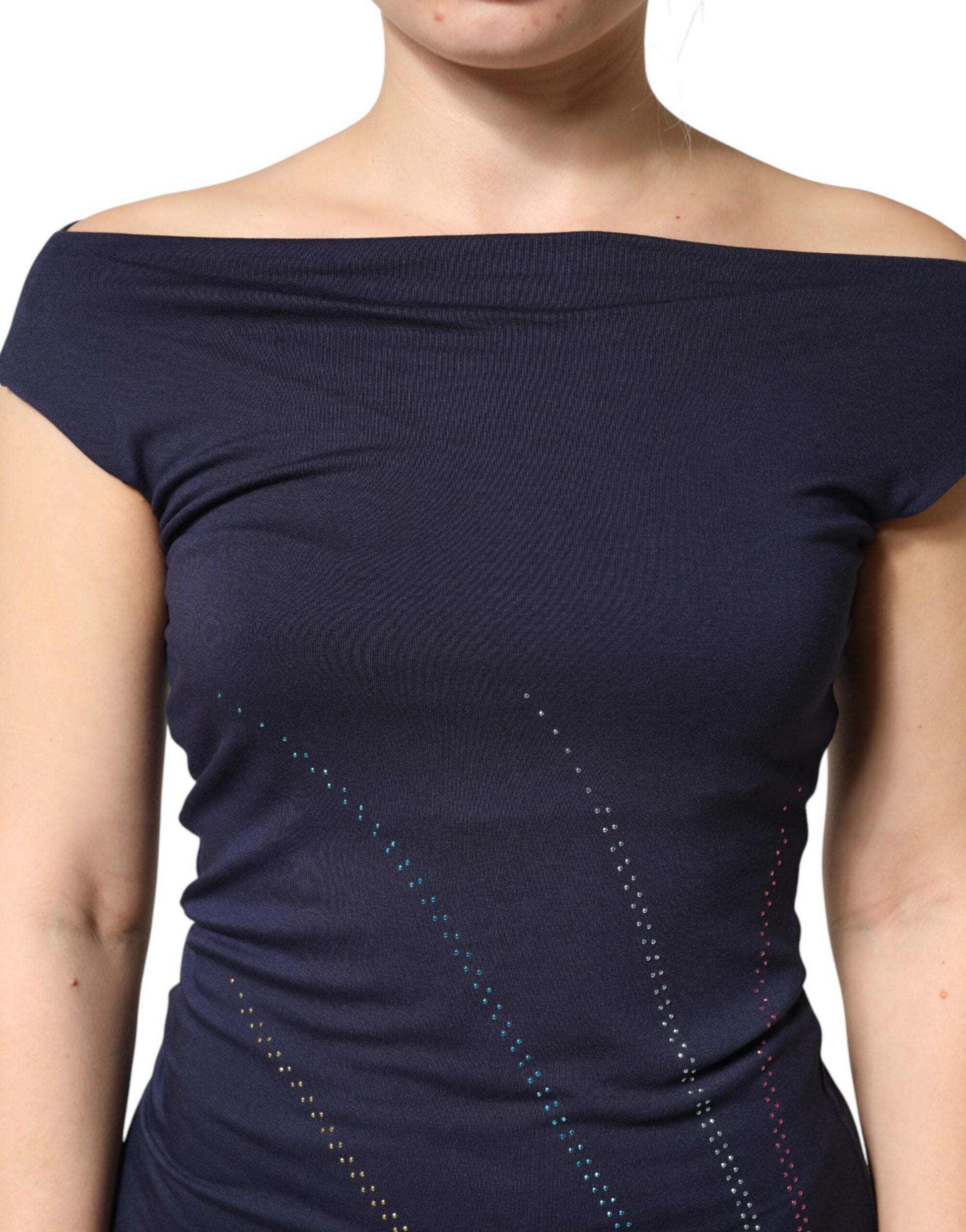 Roccobarocco Blue Viscose Embellished Off Shoulder Mini Dress | Regal Royce