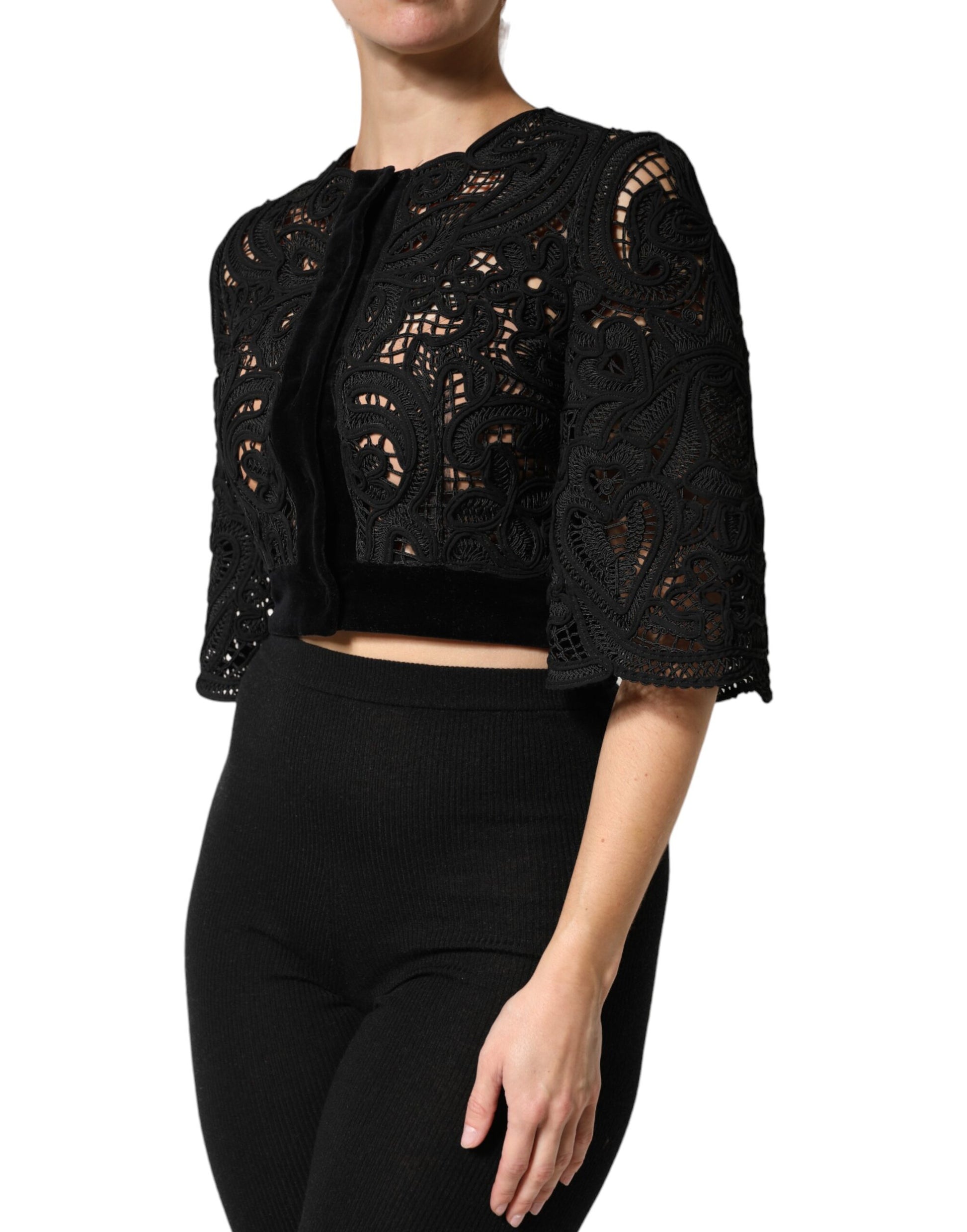Dolce & Gabbana Black Floral Lace Cropped Coat  Jacket | Regal Royce