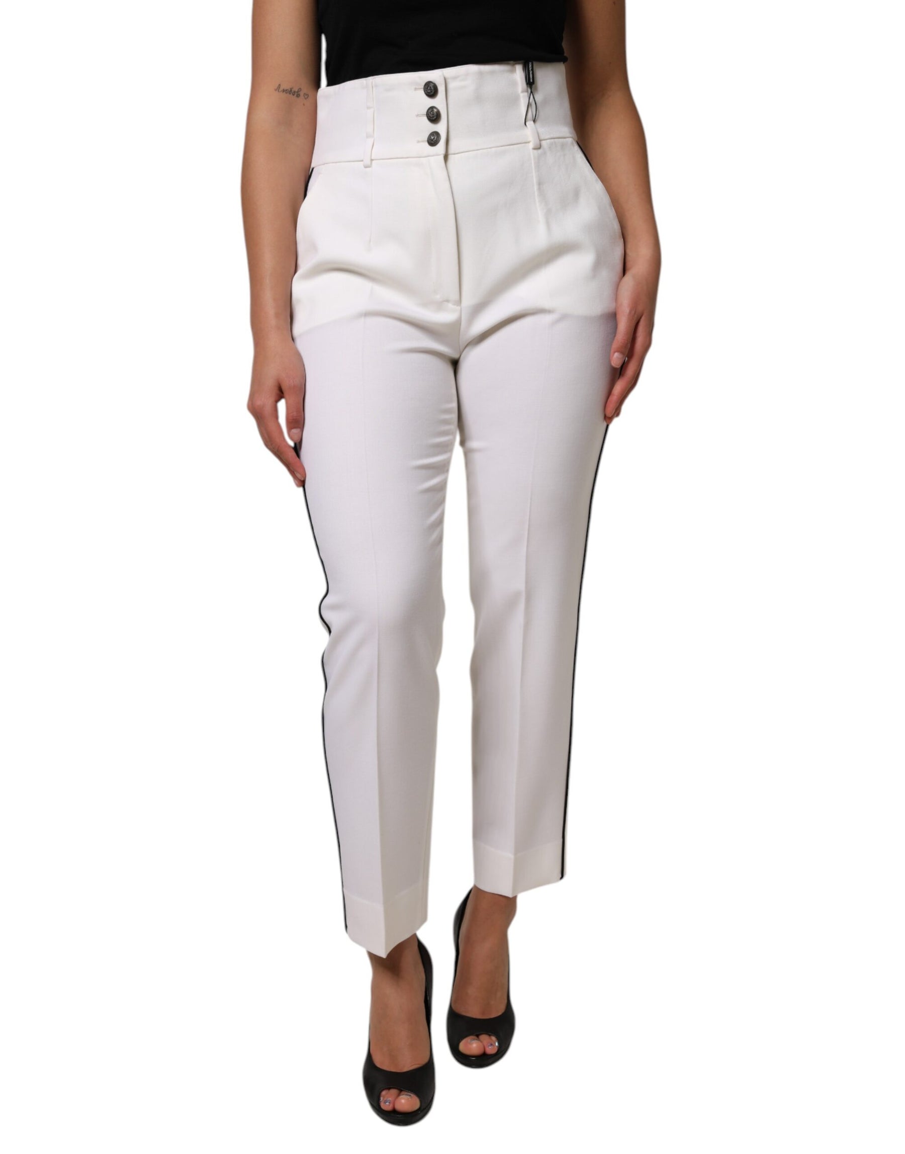 Dolce & Gabbana White Wool High Waist Tapered Trouser Pants | Regal Royce