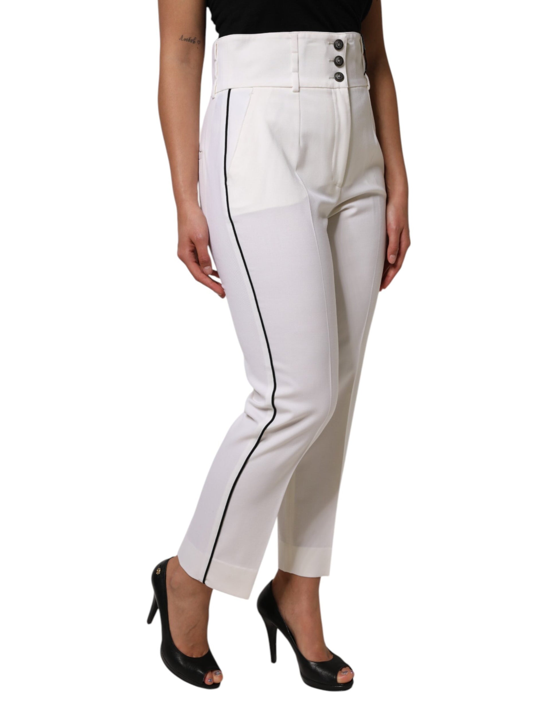 Dolce & Gabbana White Wool High Waist Tapered Trouser Pants | Regal Royce