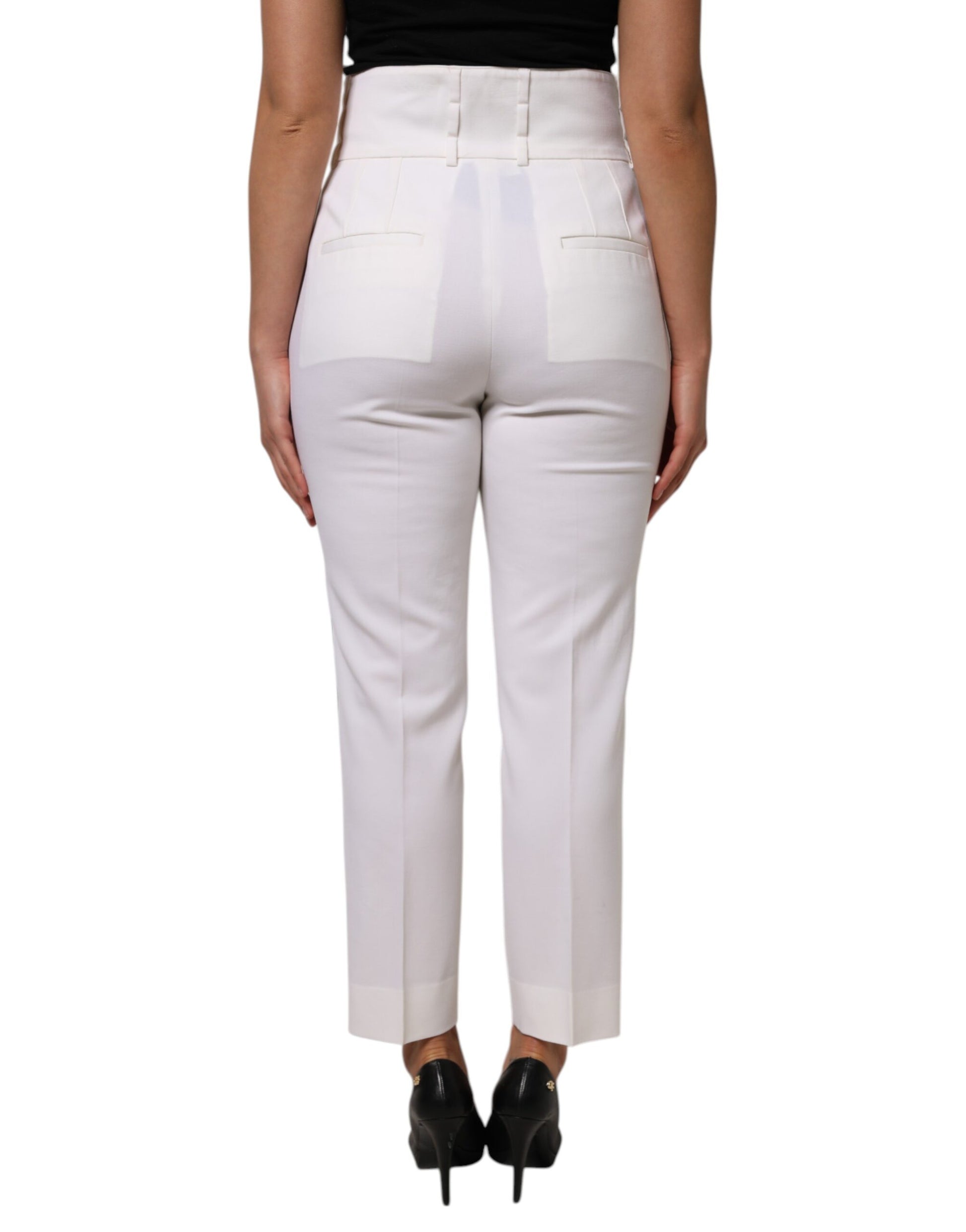 Dolce & Gabbana White Wool High Waist Tapered Trouser Pants | Regal Royce