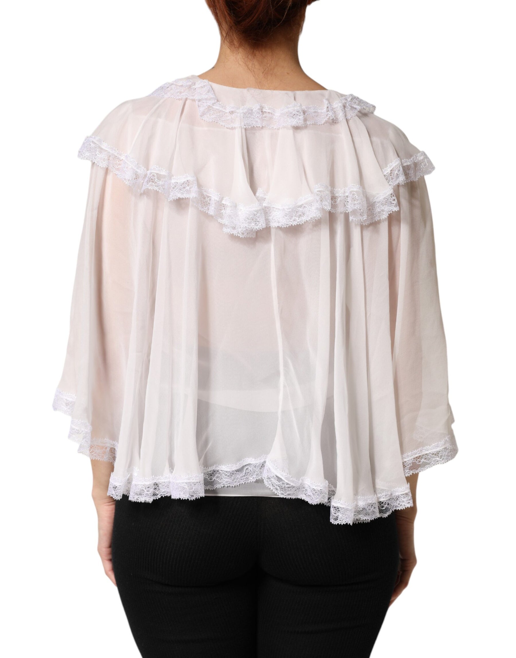 Dolce & Gabbana White Ruffles Lace Long Sleeve Blouse Top | Regal Royce