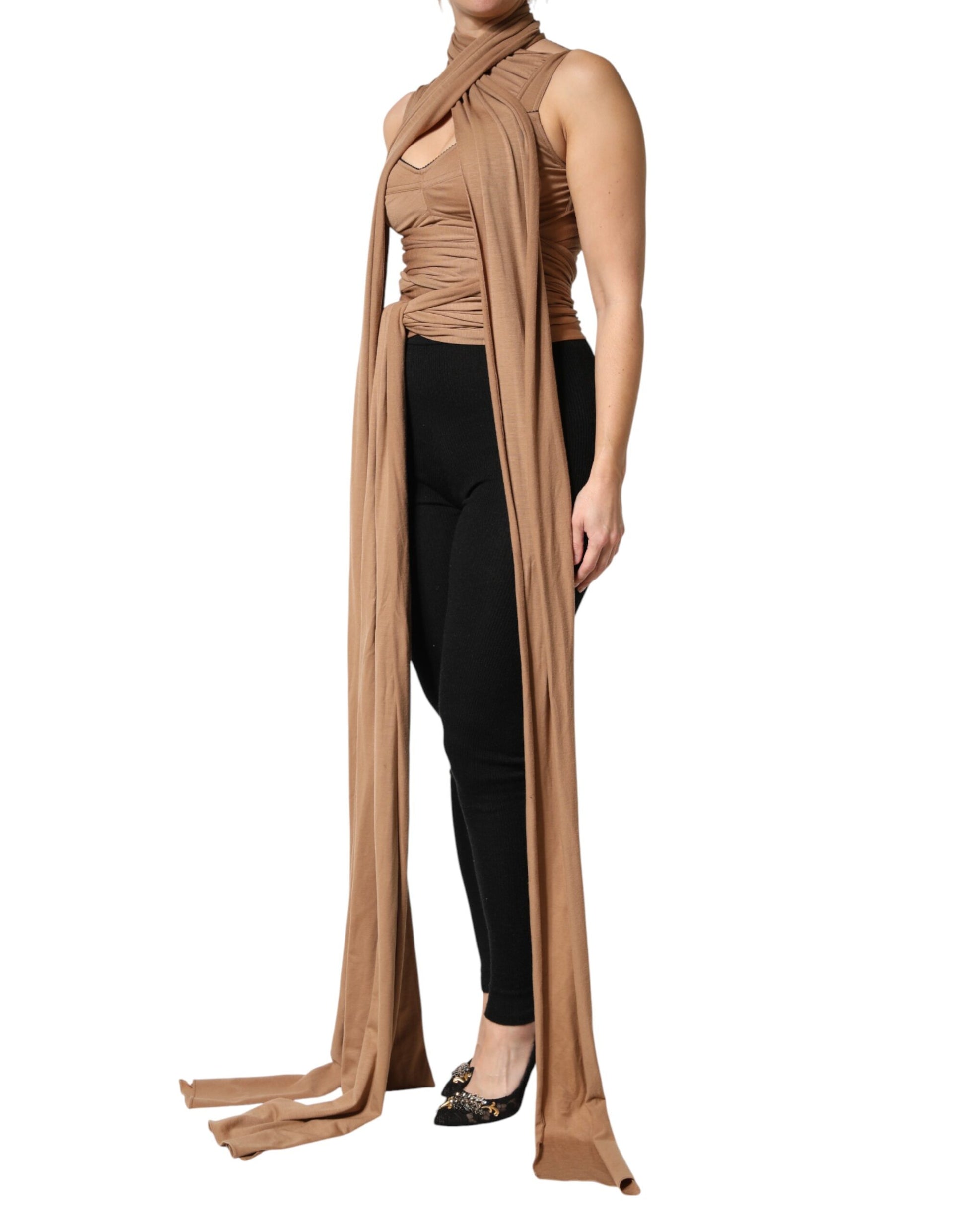 Dolce & Gabbana Brown Virgin Wool Sleeveless Scarf Tank Top | Regal Royce