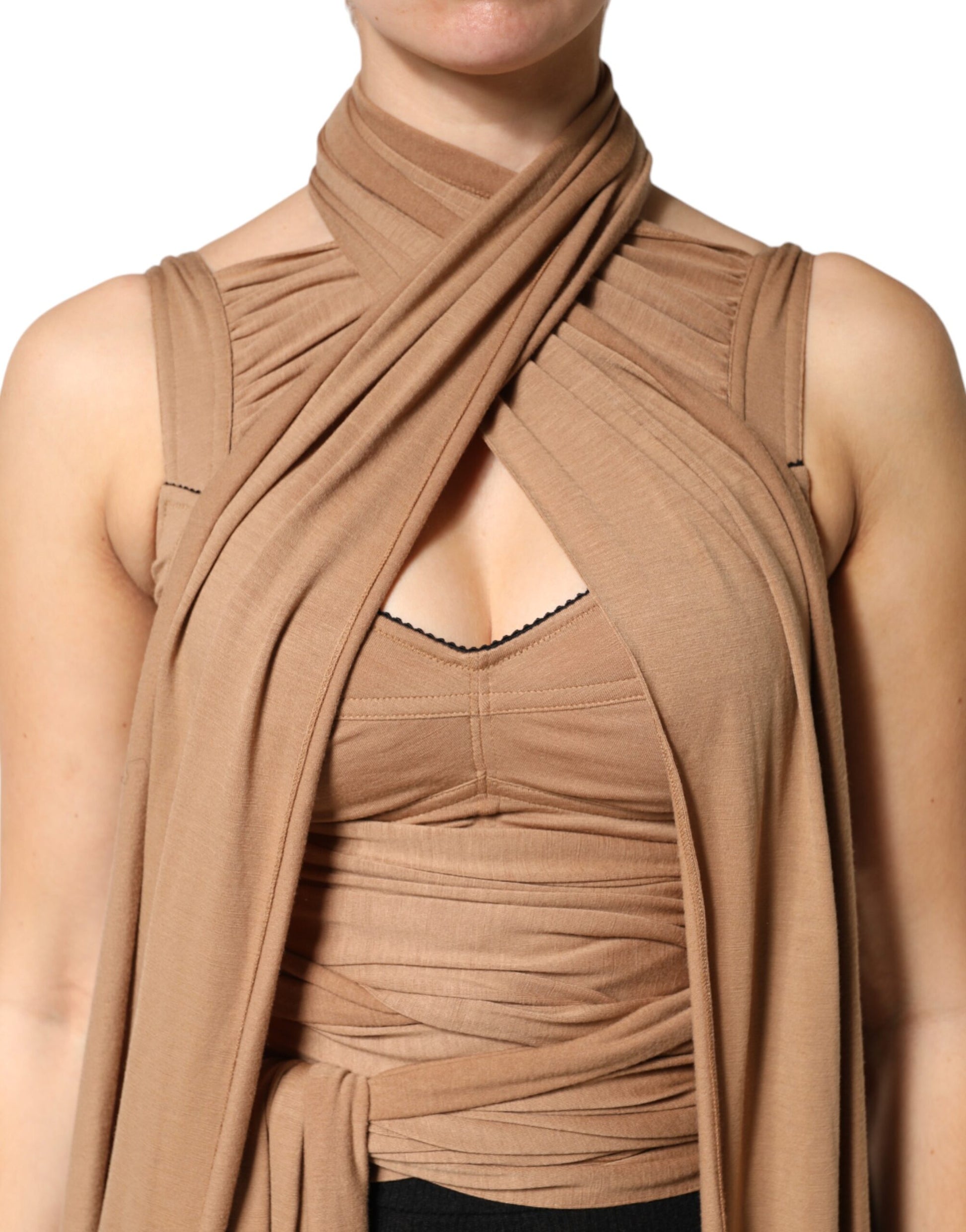 Dolce & Gabbana Brown Virgin Wool Sleeveless Scarf Tank Top | Regal Royce
