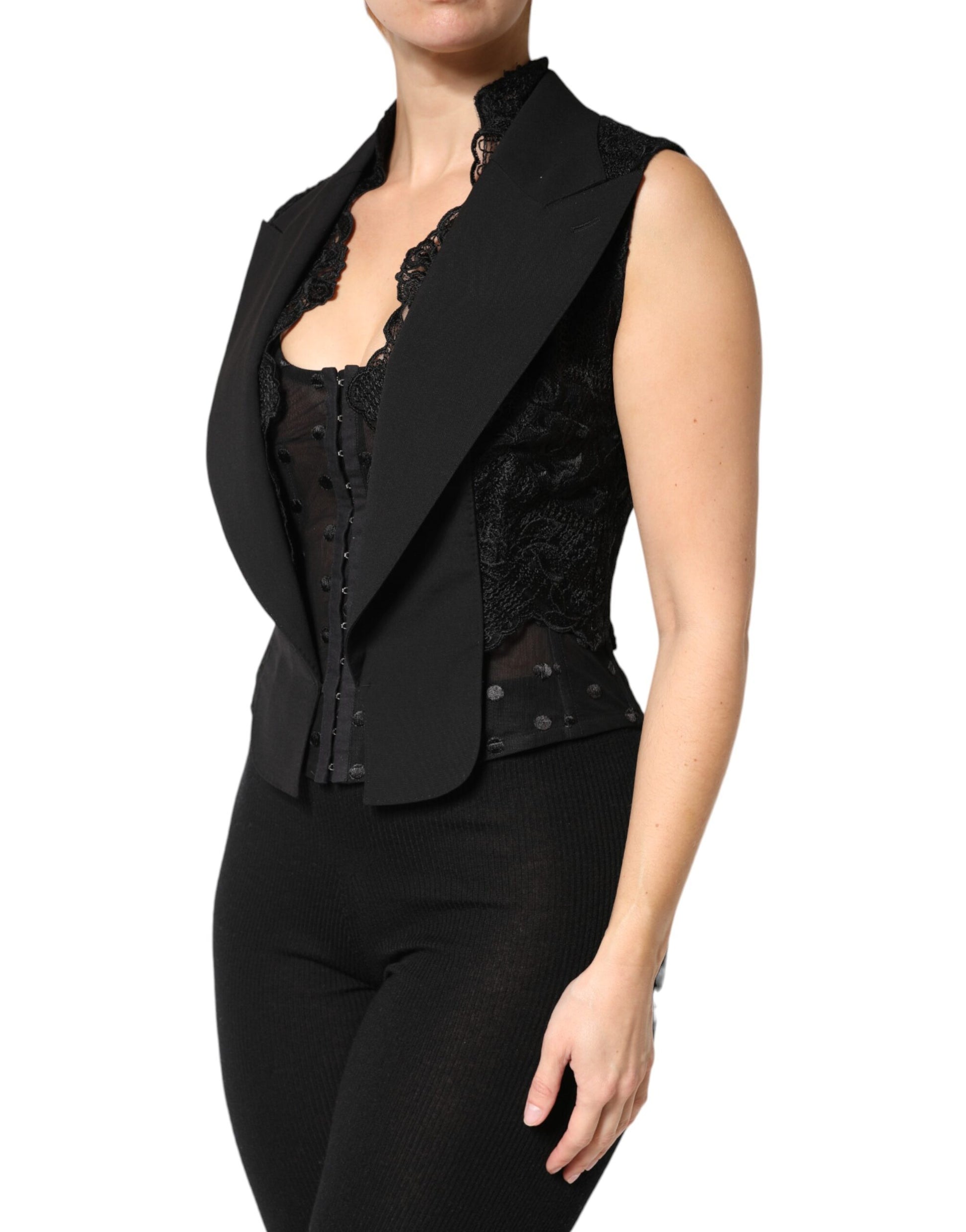 Dolce & Gabbana Black Lace V-neck Slit Hem Gathered Waist Vest Jacket | Regal Royce