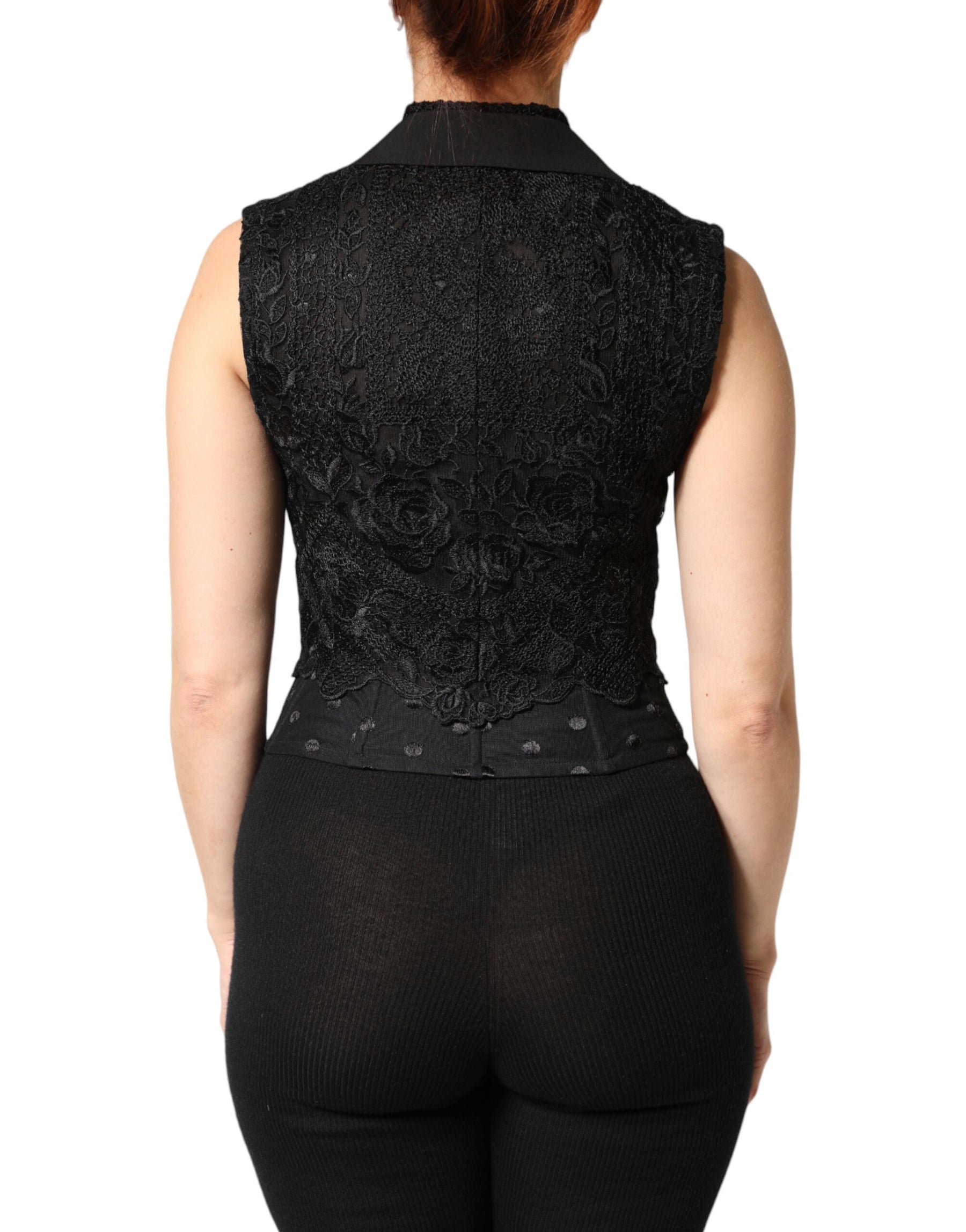 Dolce & Gabbana Black Lace V-neck Slit Hem Gathered Waist Vest Jacket | Regal Royce