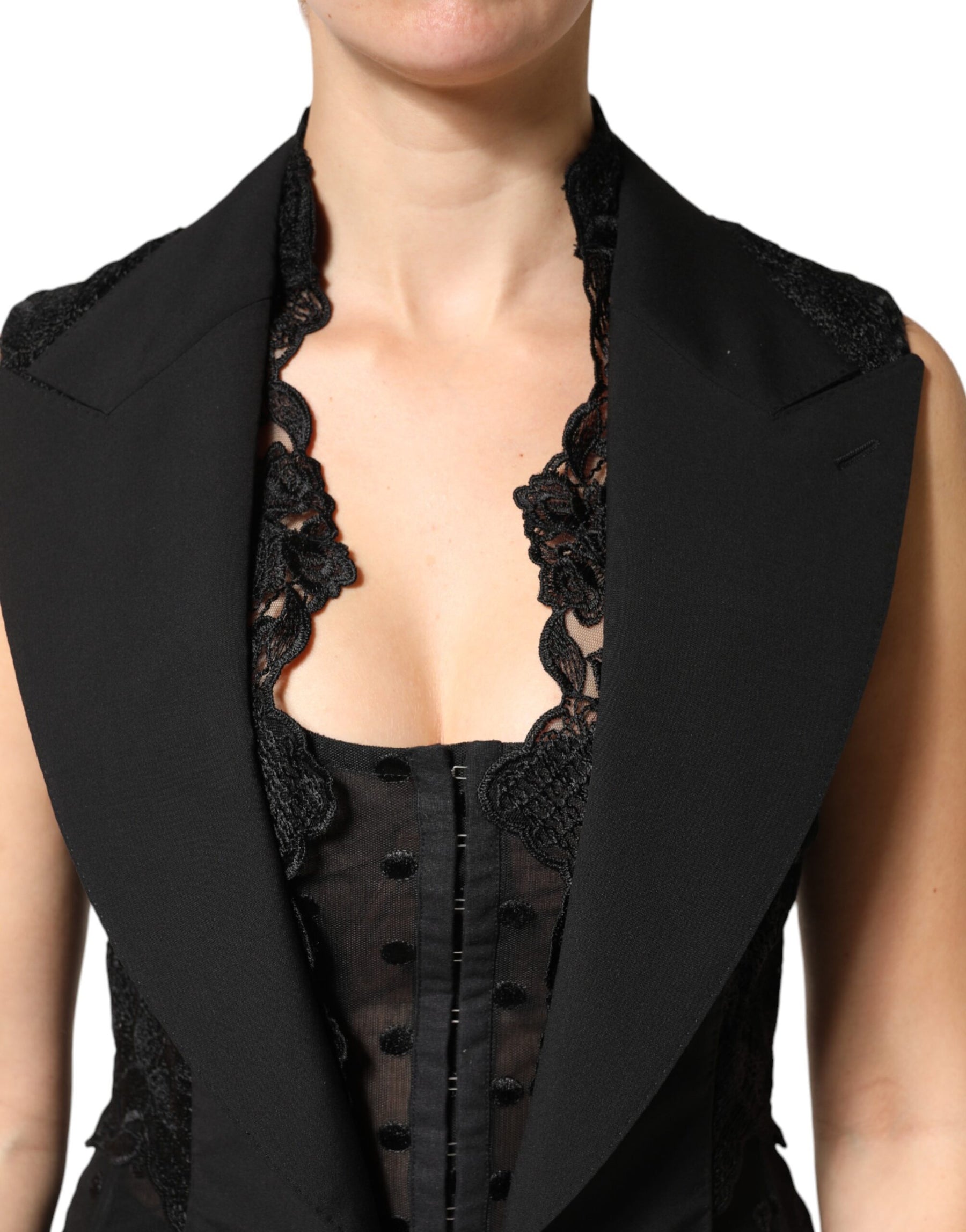 Dolce & Gabbana Black Lace V-neck Slit Hem Gathered Waist Vest Jacket | Regal Royce