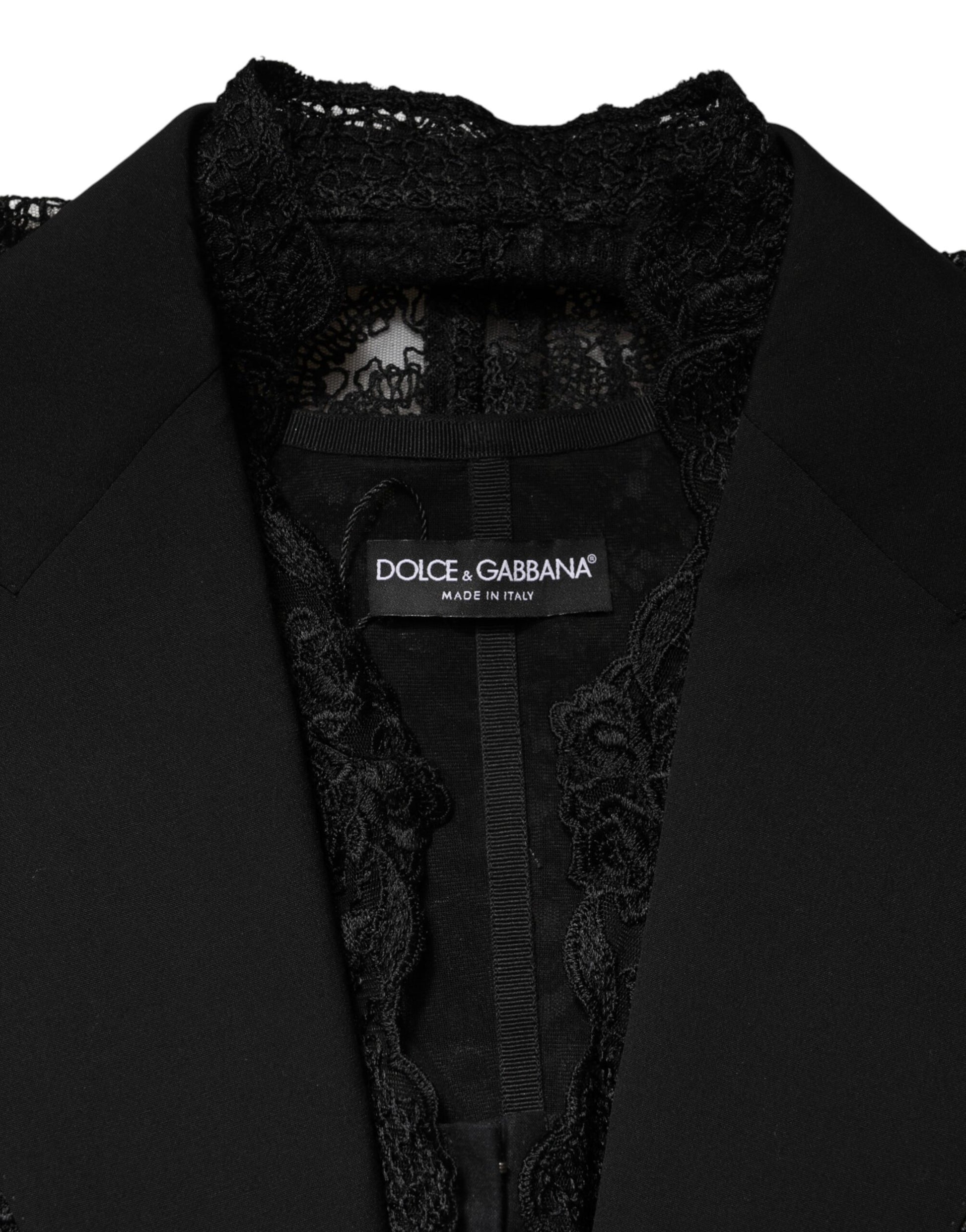 Dolce & Gabbana Black Lace V-neck Slit Hem Gathered Waist Vest Jacket | Regal Royce