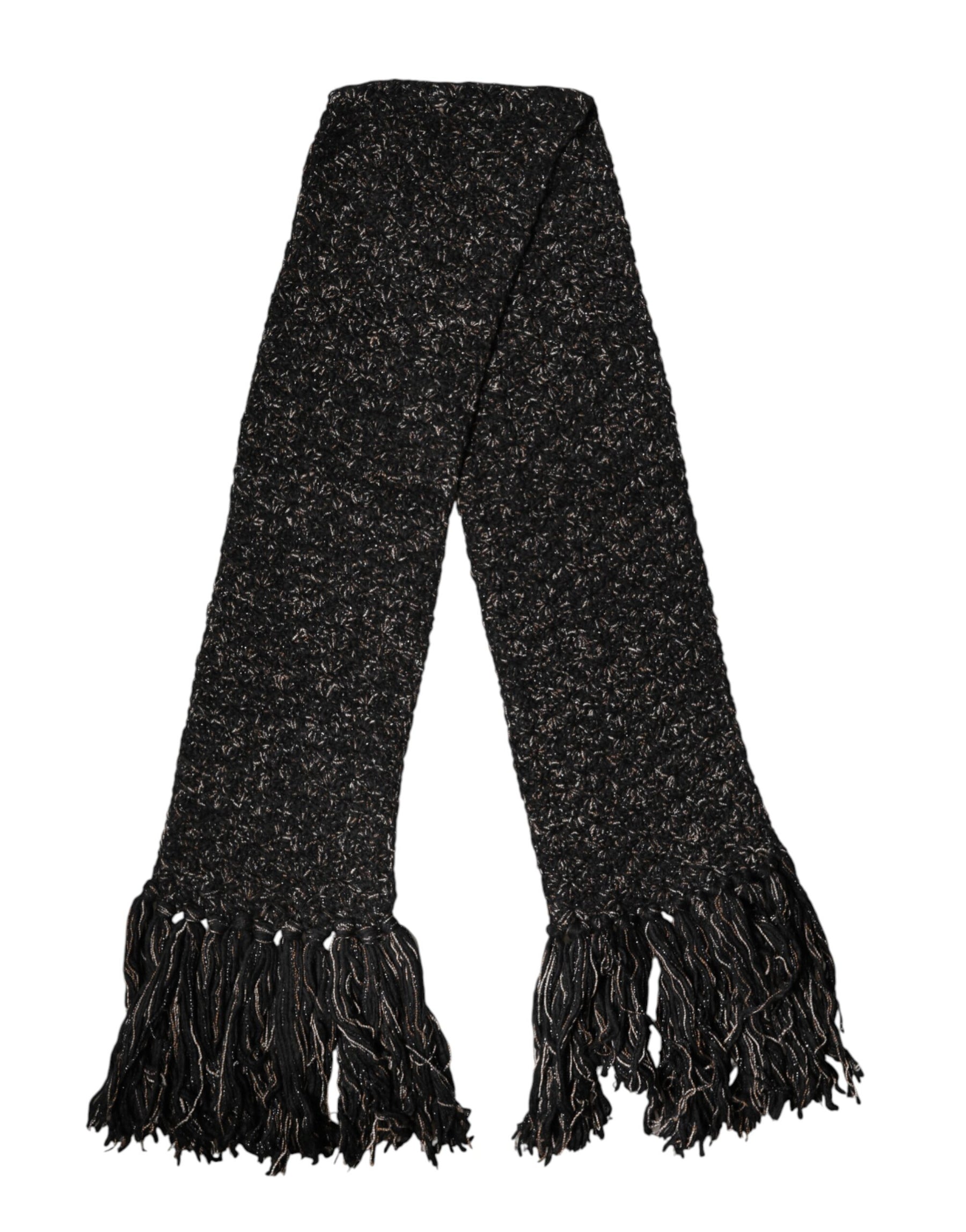 Dolce & Gabbana Black Wool Fringes Neck Wrap Foulard Scarf | Regal Royce