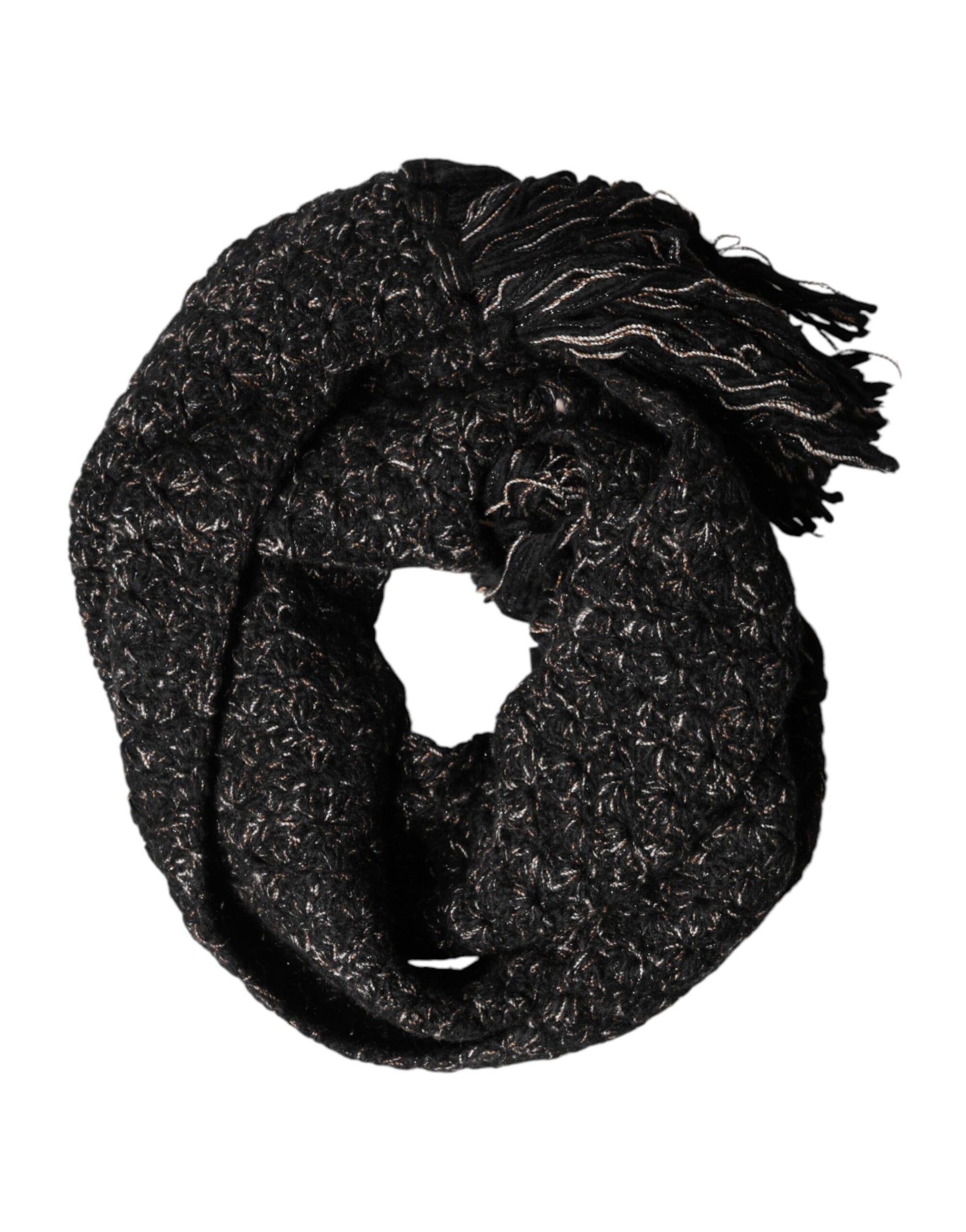 Dolce & Gabbana Black Wool Fringes Neck Wrap Foulard Scarf | Regal Royce