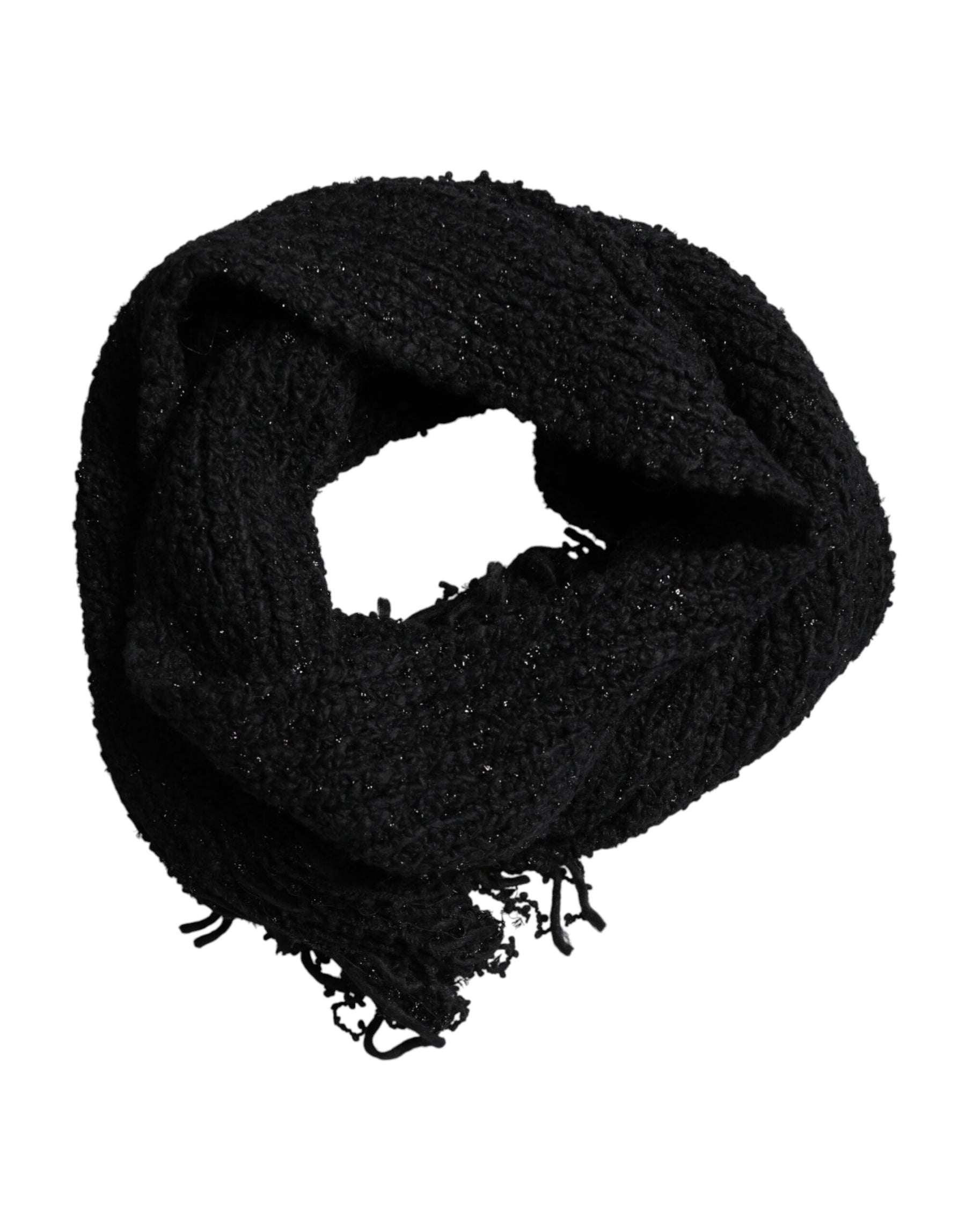 Dolce & Gabbana Black Wool Fringes Neck Wrap Foulard Scarf | Regal Royce