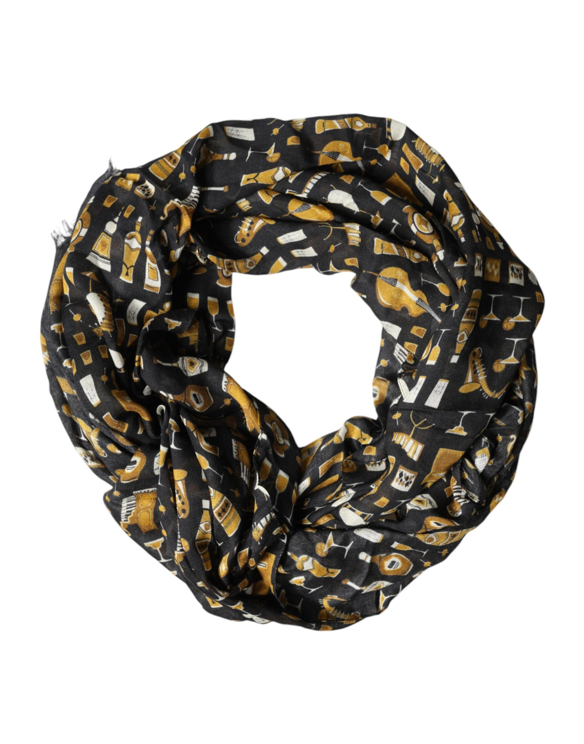 Dolce & Gabbana Black Jazz Club Print Neck Wrap Shawl Scarf | Regal Royce