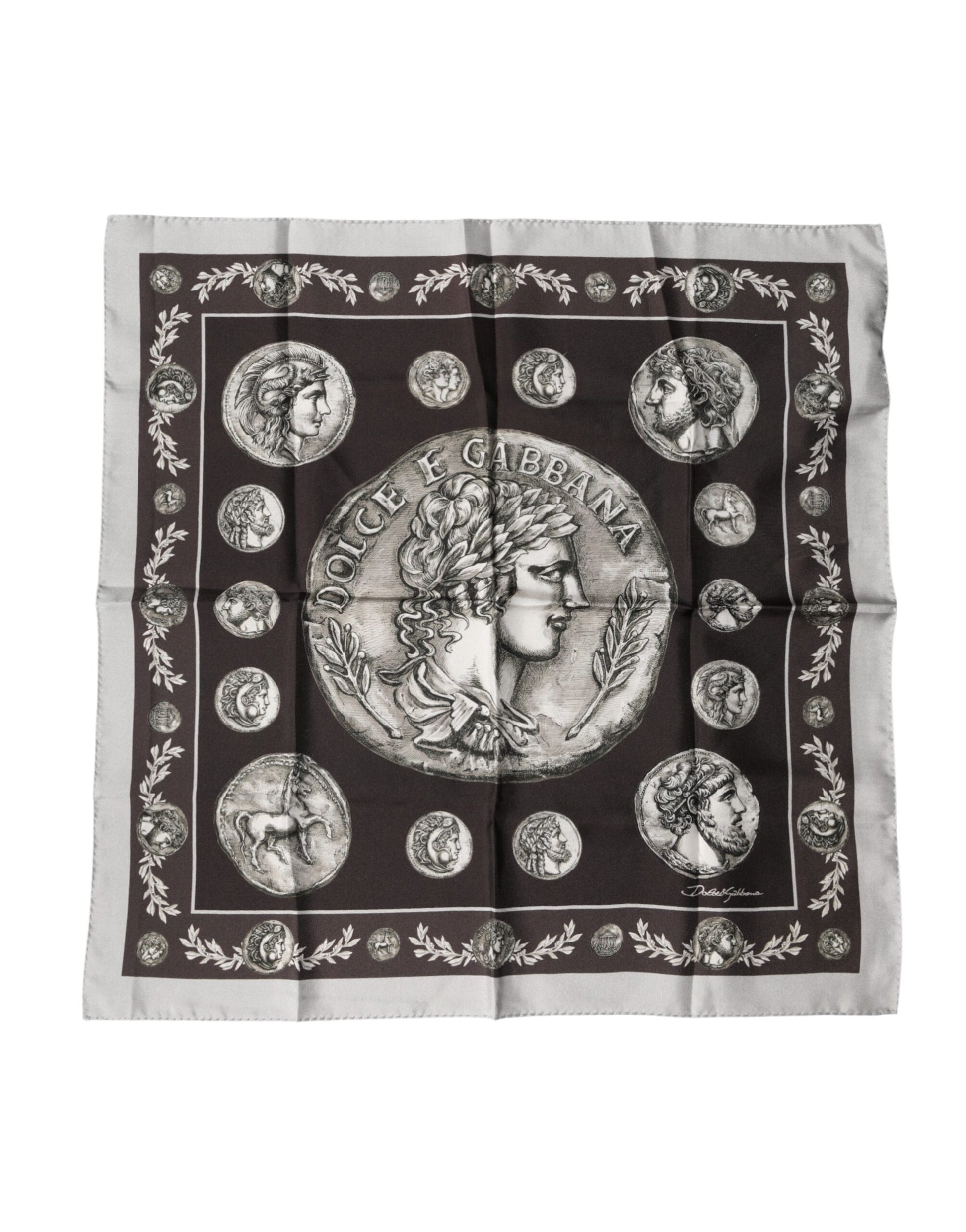 Dolce & Gabbana Brown Roman Coin Print Silk Square Foulard Scarf | Regal Royce