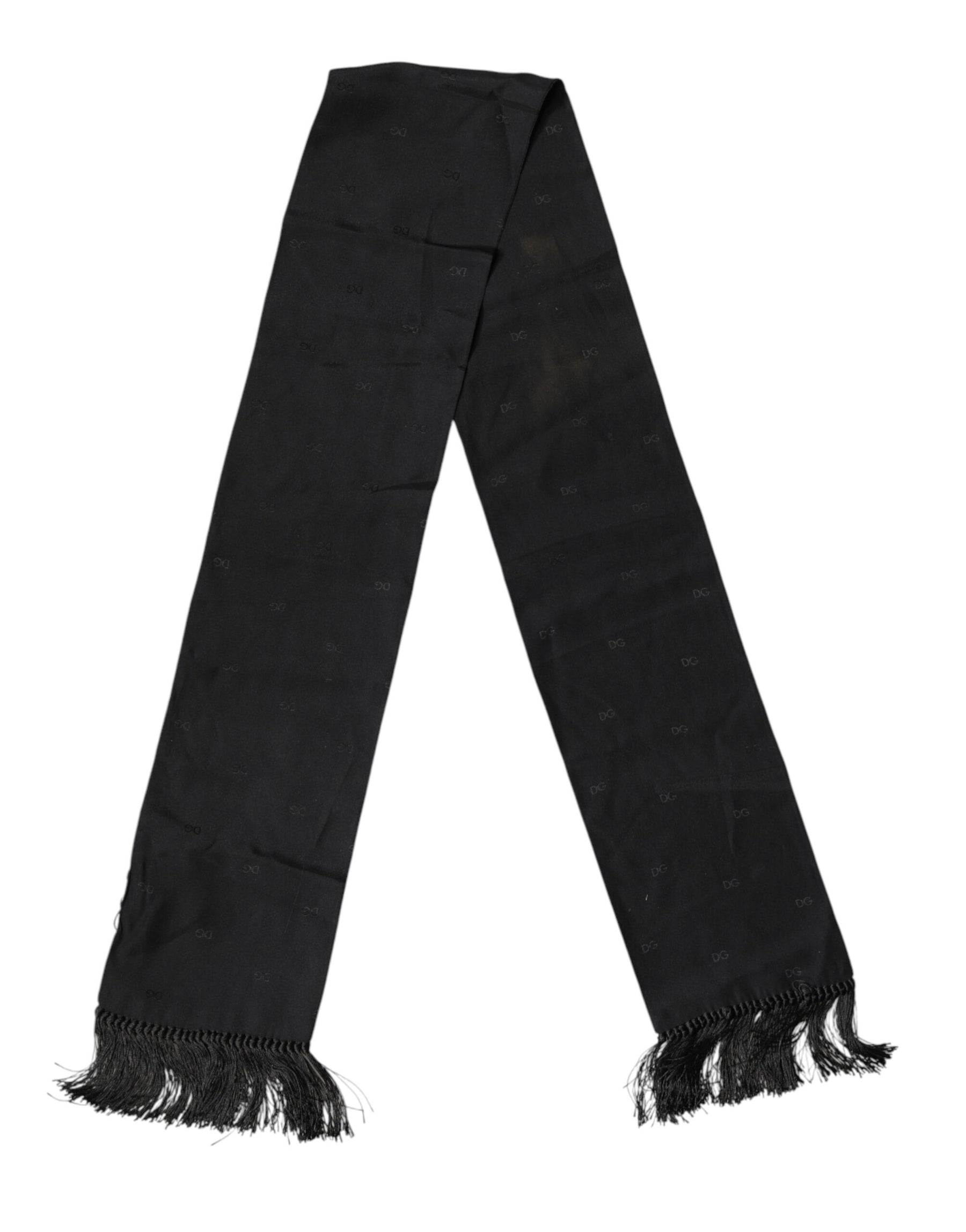 Dolce & Gabbana Black Logo Silk Fringes Neck Foulard Scarf | Regal Royce