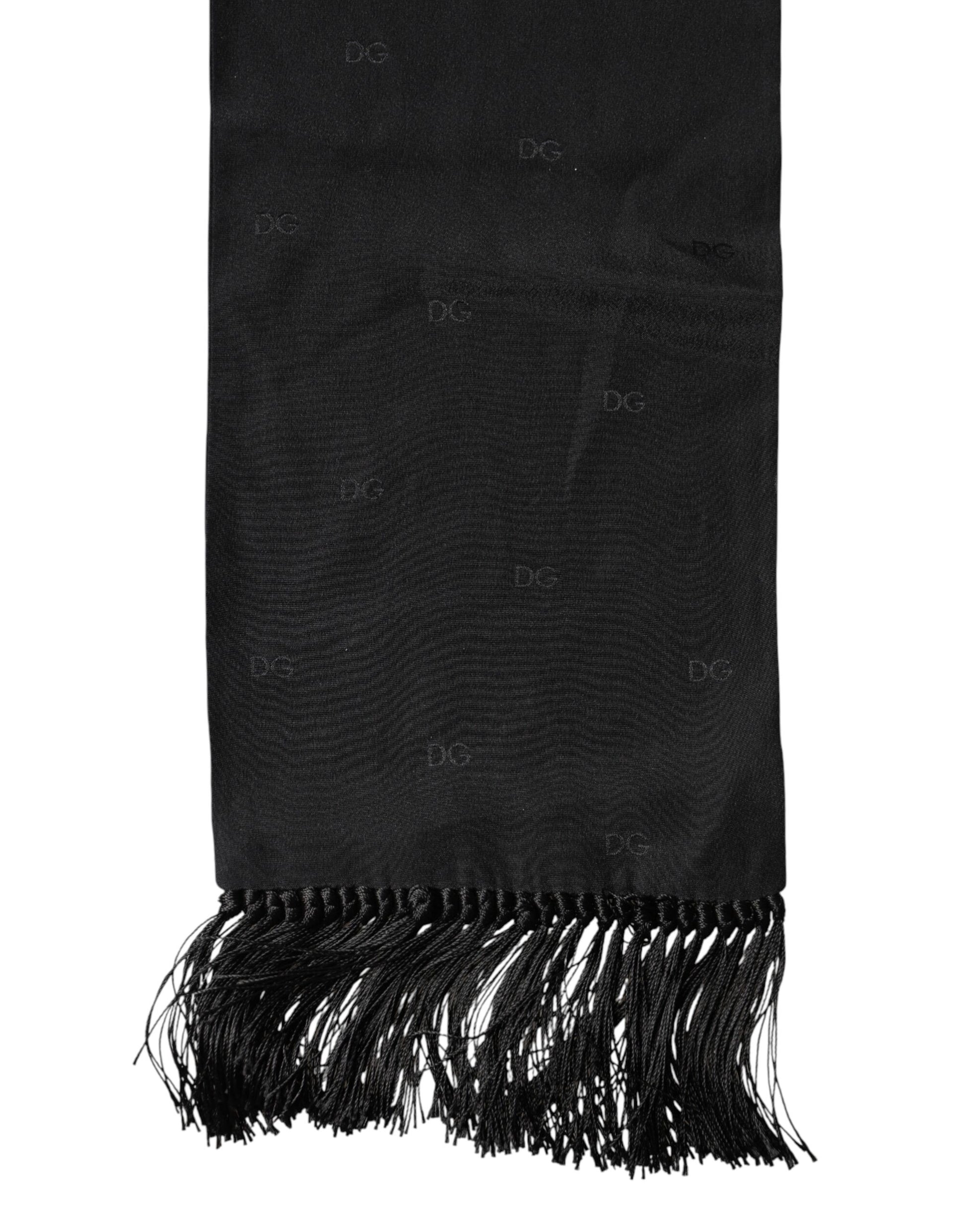 Dolce & Gabbana Black Logo Silk Fringes Neck Foulard Scarf | Regal Royce