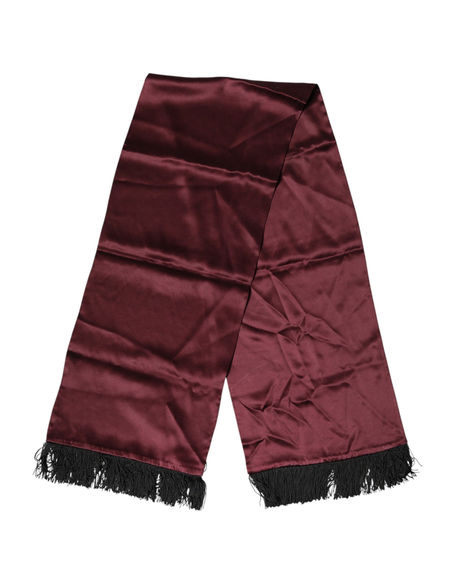 Dolce & Gabbana Maroon Silk Satin Fringes Neck Foulard Scarf | Regal Royce