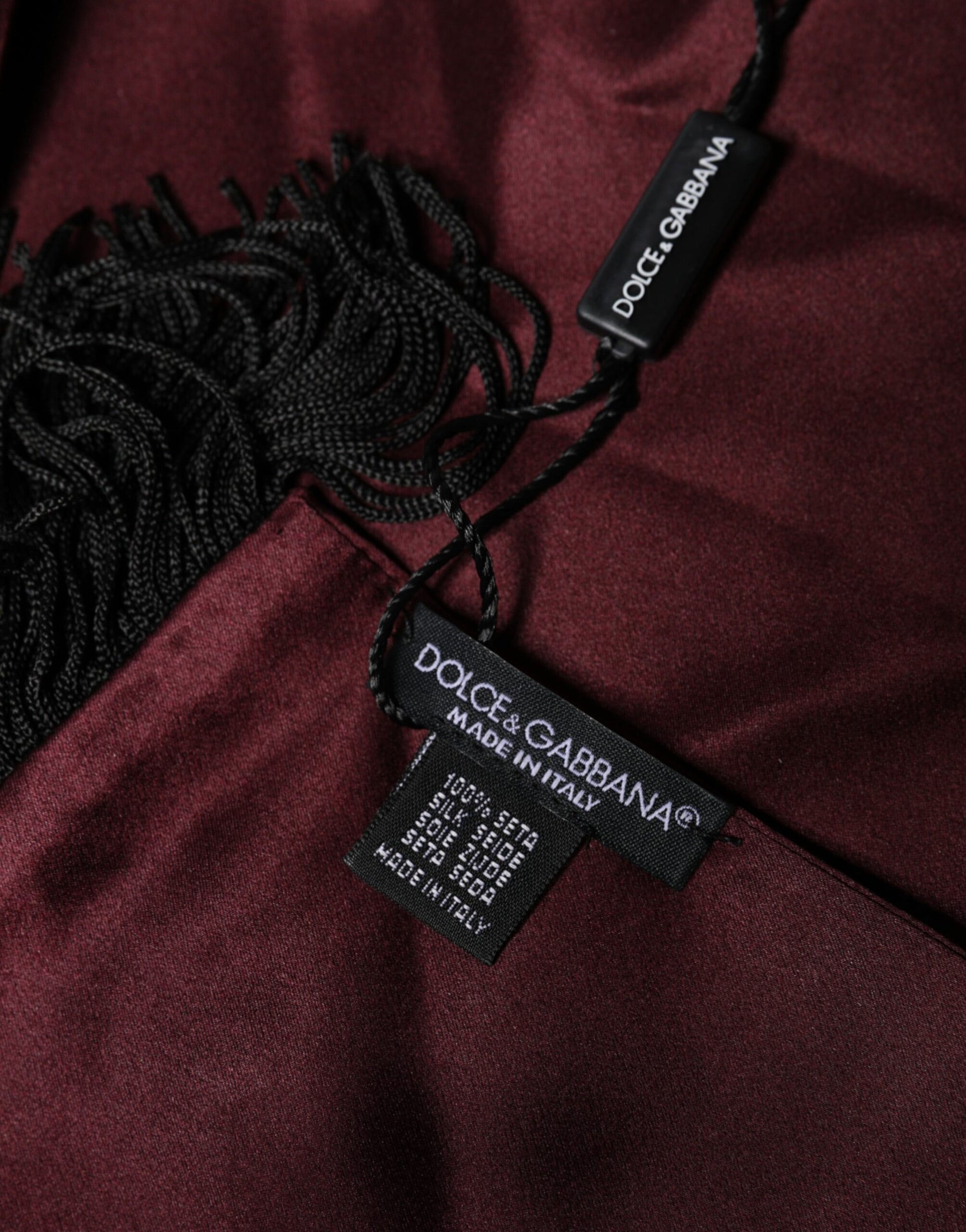 Dolce & Gabbana Maroon Silk Satin Fringes Neck Foulard Scarf | Regal Royce