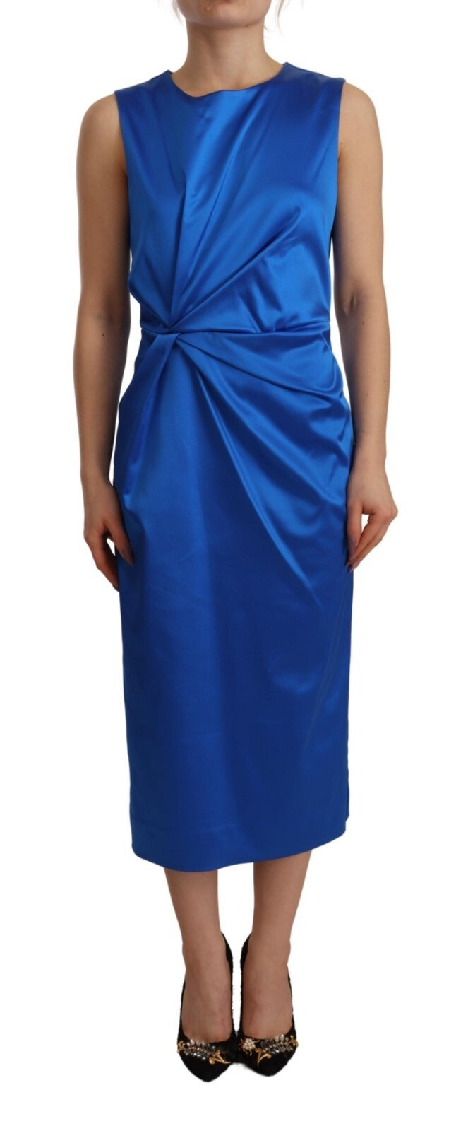 Parosh Acetate Royal Blue Roundneck Sleeveless Sheath Midi Dress | Regal Royce