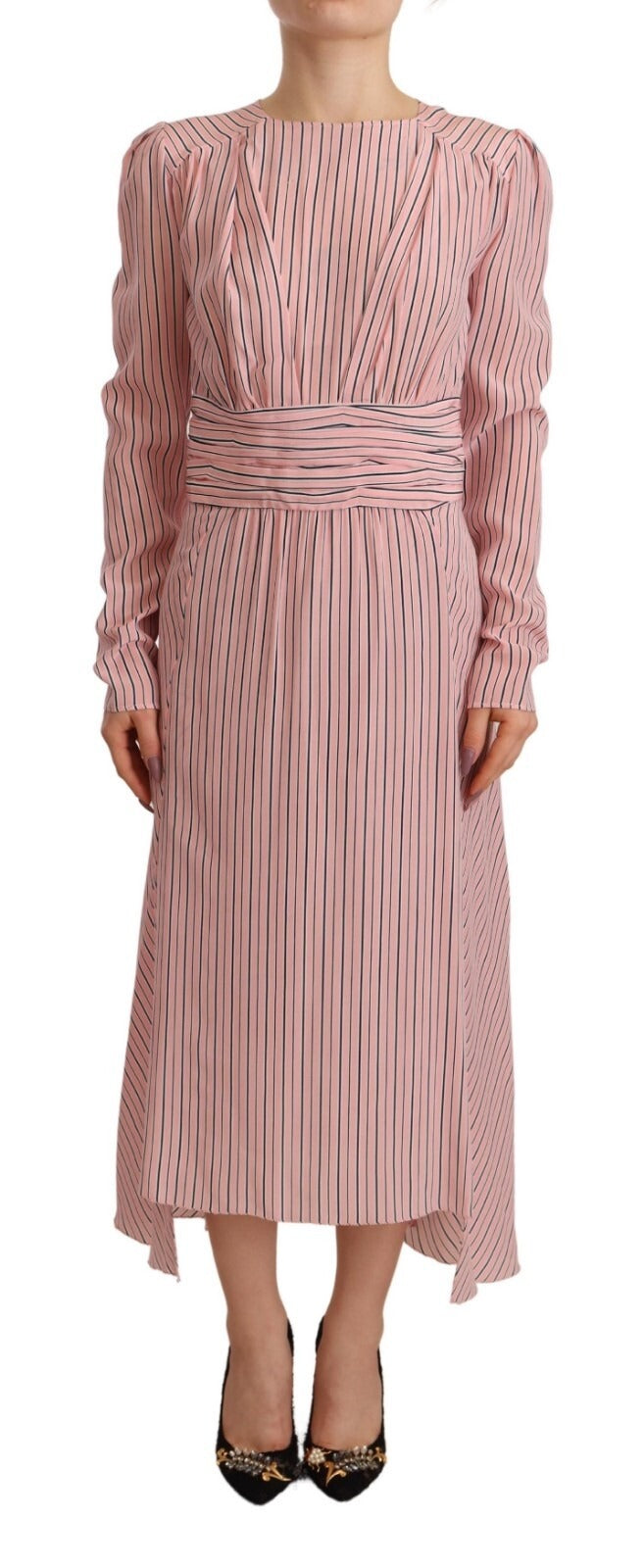 Ermanno Scervino Pink Stripes Long Sleeves Sheath Midi Dress | Regal Royce